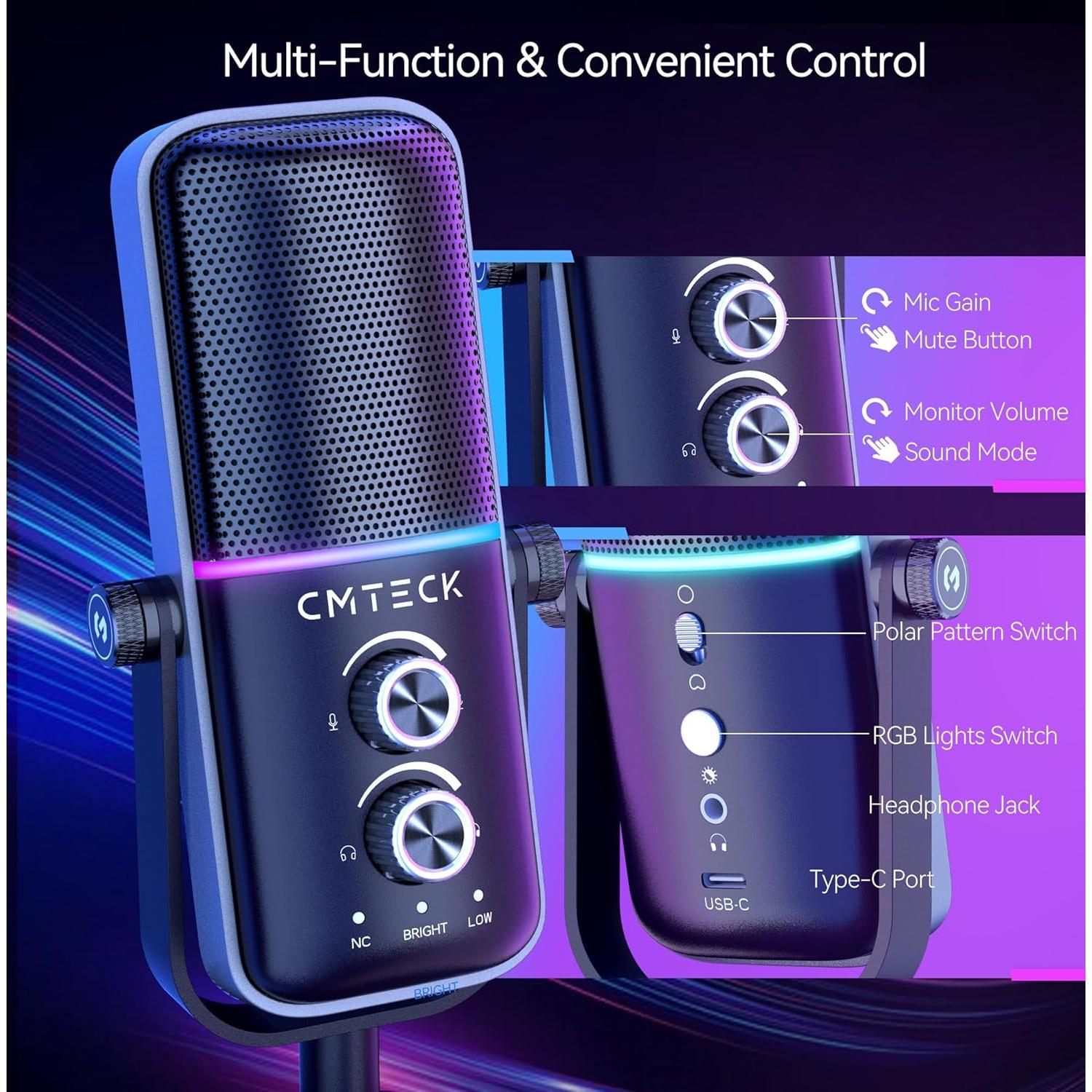 CMTECK Gaming Microphone Set, Dynamic PC Mic, Computer RGB Mic Kit with Boom Arm Stand, Mute Button, Gain Knob, Headphones Jack, Three Sound Mode, Perfect for Recording, Streaming