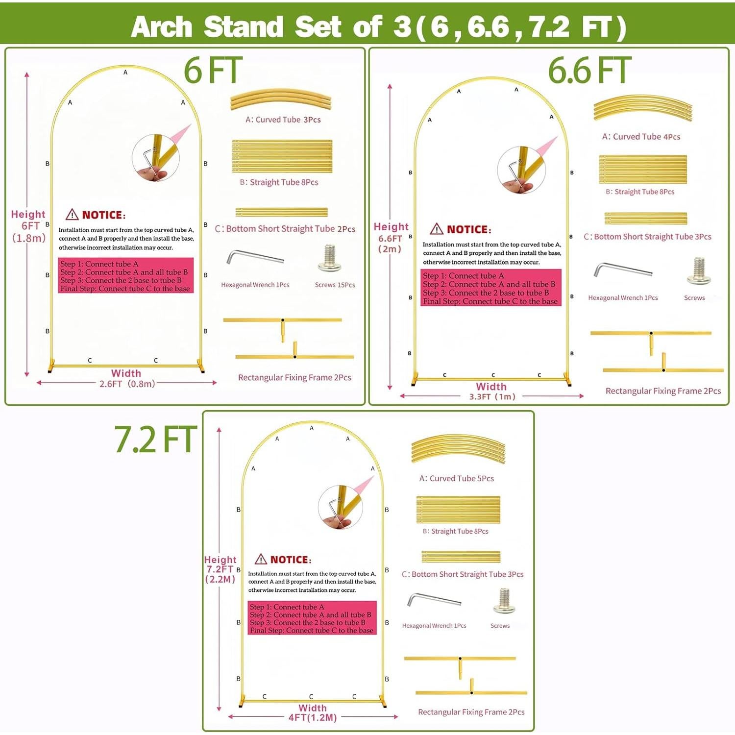Soporte de fondo de arco dorado ParseBio, 3 tamaños 1.83/2.01/2.18 m