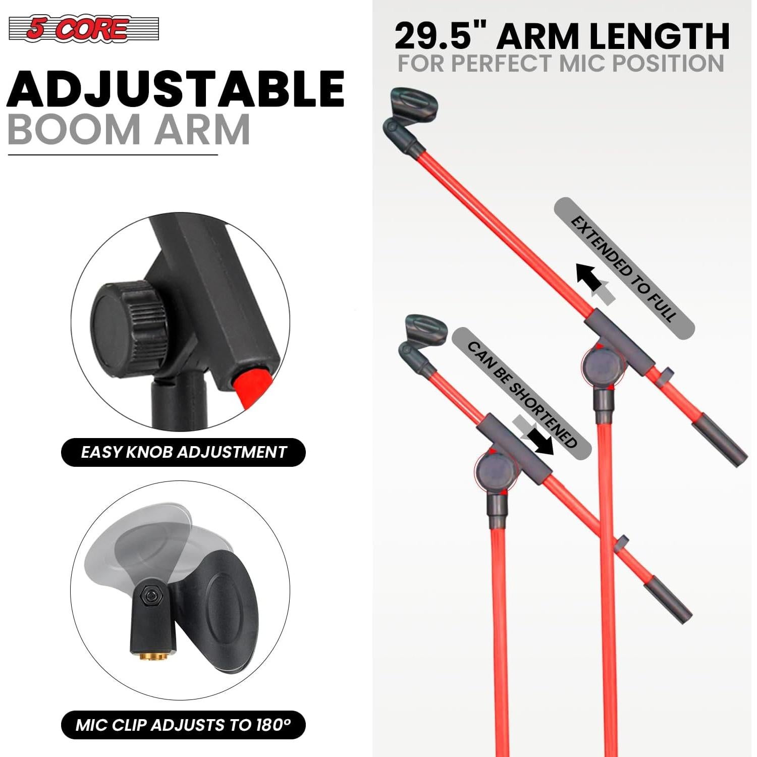 Soporte de Micrófono de Trípode 5 Core MS 080 Rojo Ajustable 45.72-182.88 cm