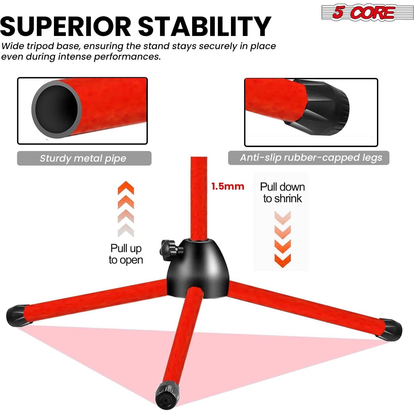 Soporte de Micrófono de Trípode 5 Core MS 080 Rojo Ajustable 45.72-182.88 cm
