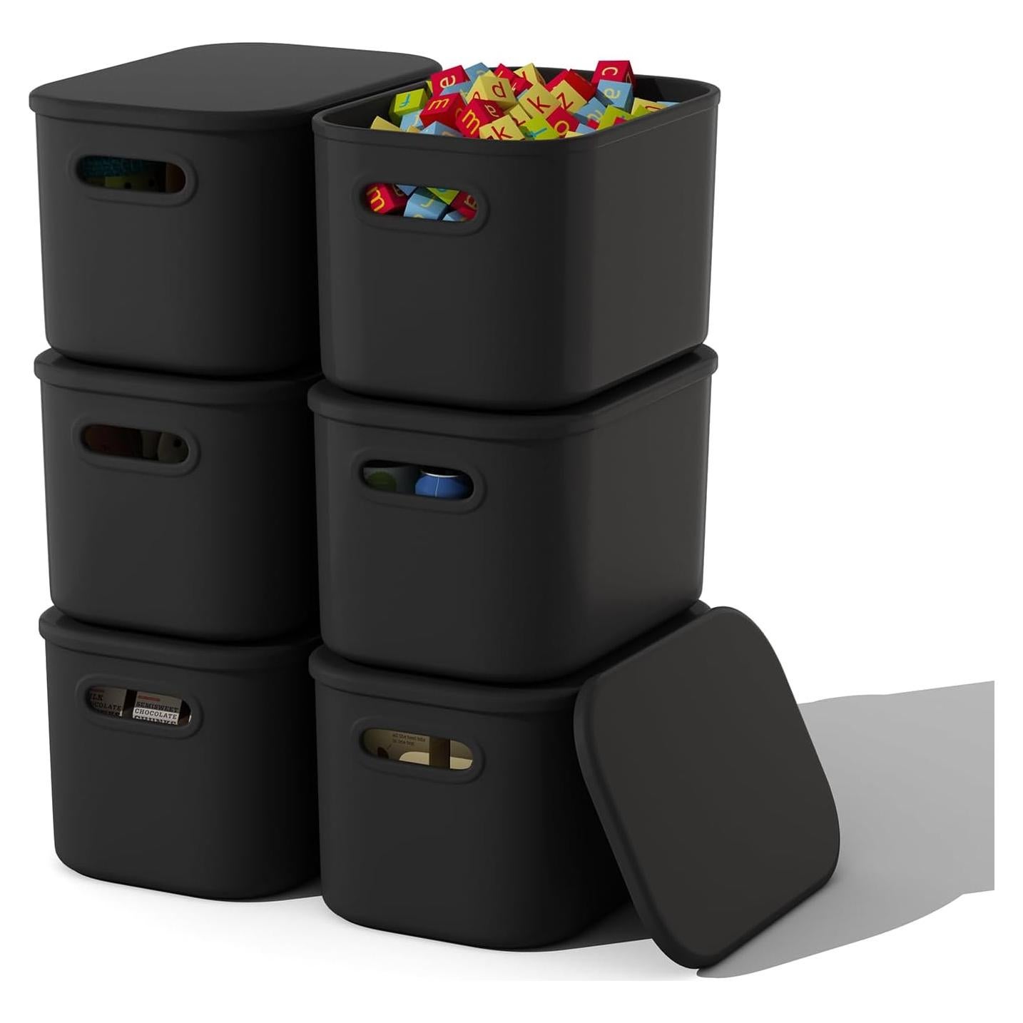 Cajas de Almacenamiento Negras con Tapa - ORGIDOL, 6 Pcs, 25.1x17.5x14.5 cm