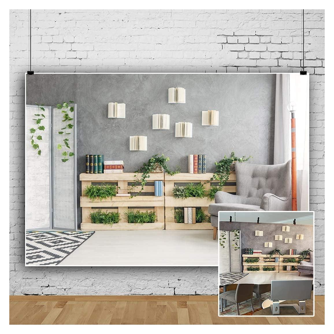 YongFoto 10x8ft Interior Room Backdrop for Photography Wooden Bookshelf Green Plants Screen Armchair Grey Lounge Background Modern Home Banner Decor Live Video Portrait Photo Studio Props