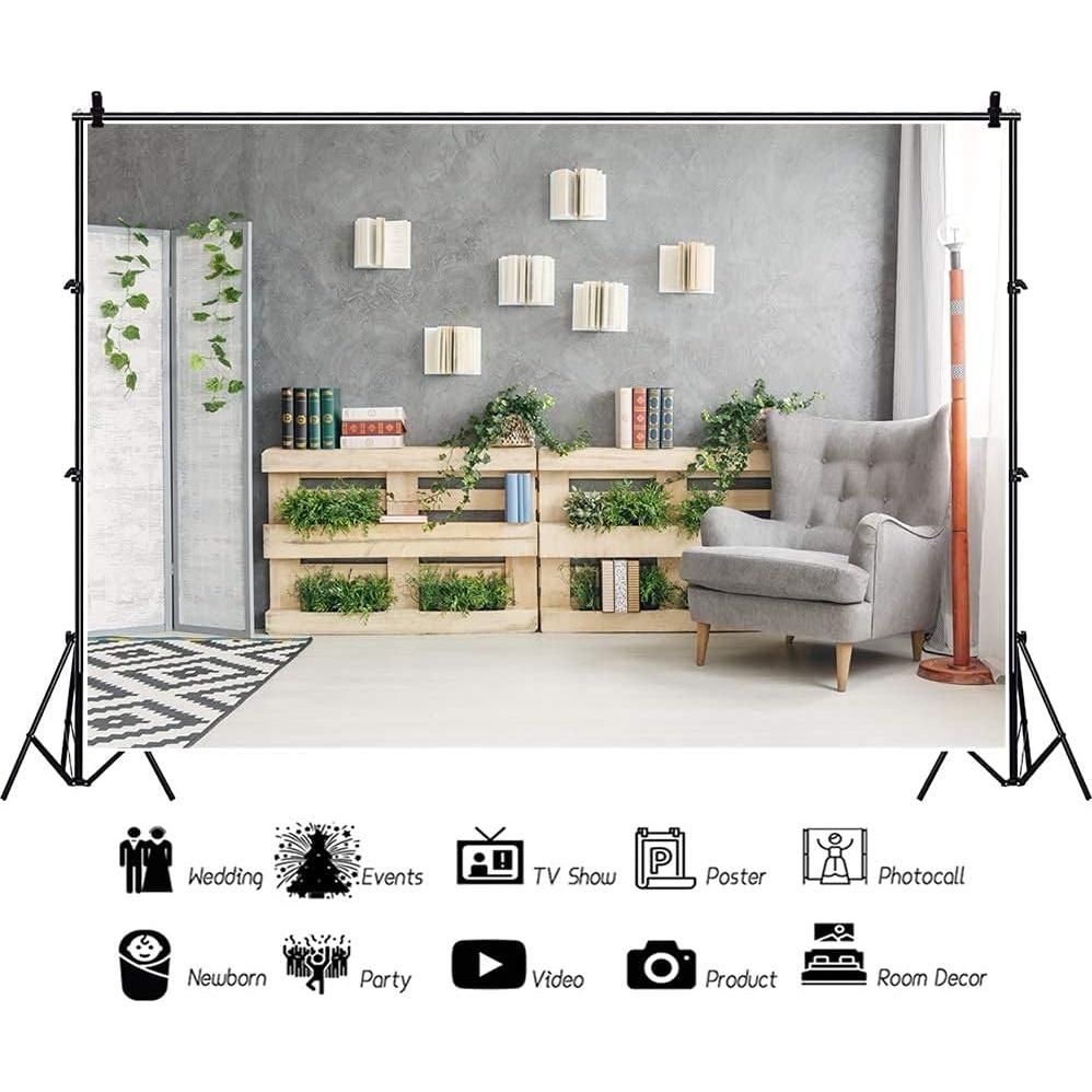 YongFoto 10x8ft Interior Room Backdrop for Photography Wooden Bookshelf Green Plants Screen Armchair Grey Lounge Background Modern Home Banner Decor Live Video Portrait Photo Studio Props