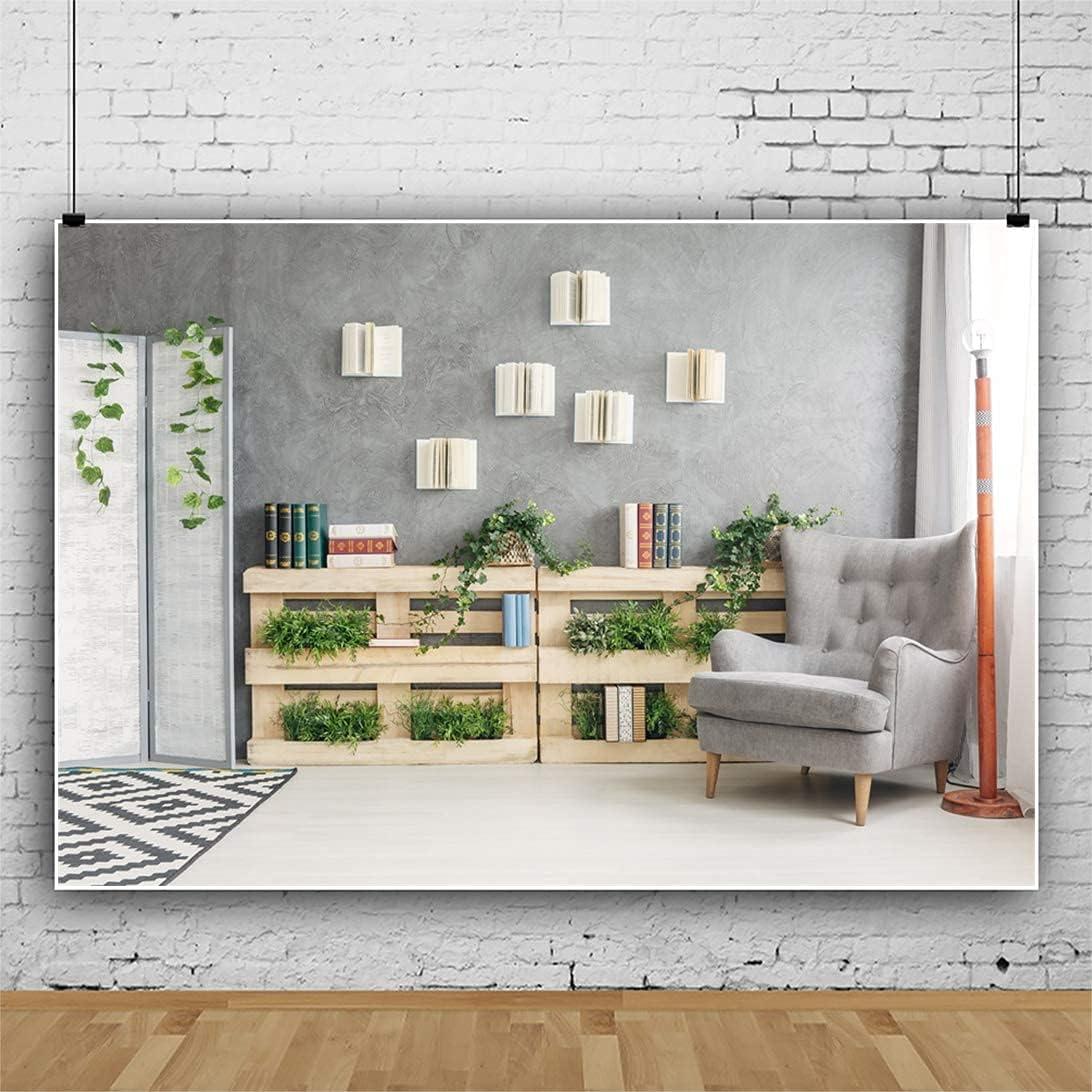 YongFoto 10x8ft Interior Room Backdrop for Photography Wooden Bookshelf Green Plants Screen Armchair Grey Lounge Background Modern Home Banner Decor Live Video Portrait Photo Studio Props