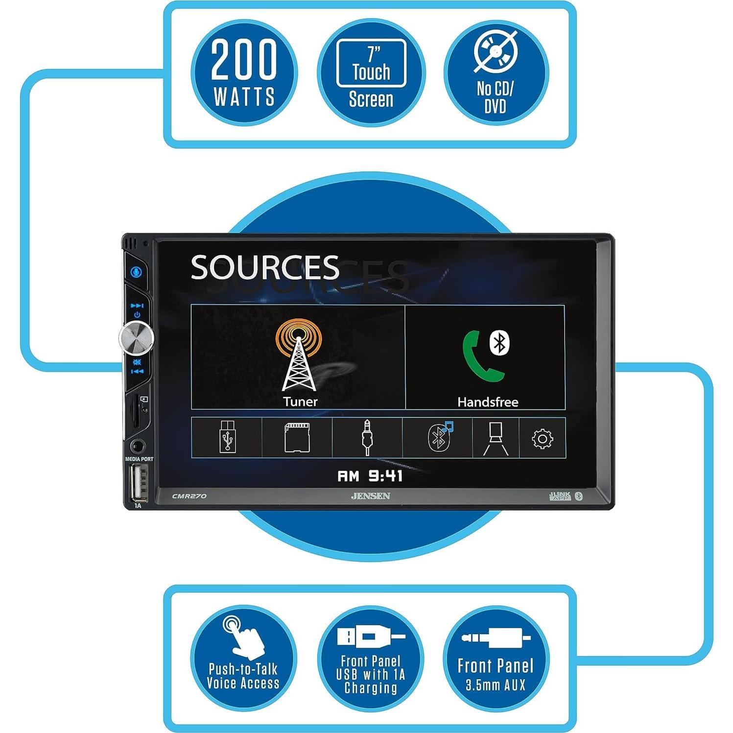 Estéreo de Coche Jensen CMR270 Pantalla Táctil 7" Bluetooth
