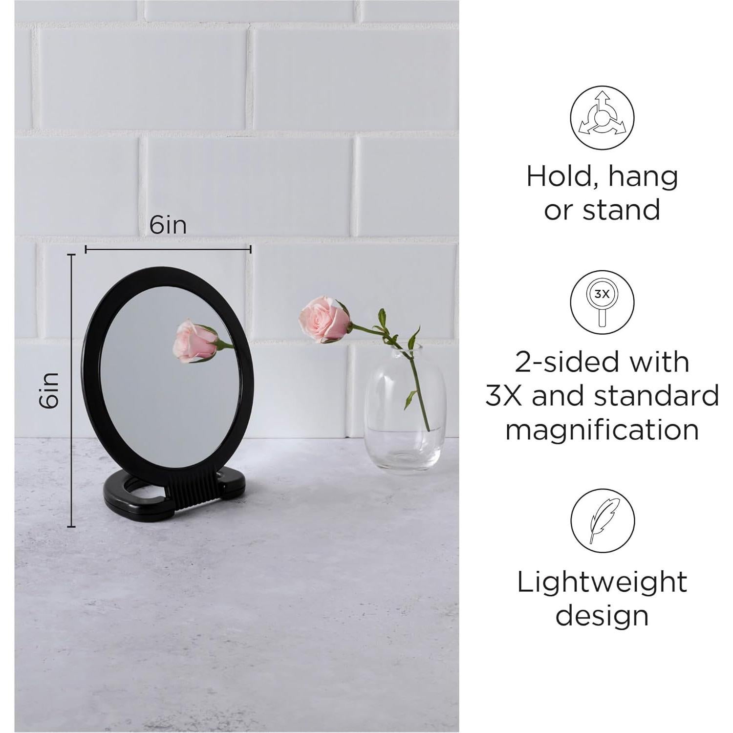 Espejo de Mano Diane Doble Cara 1X y 3X Negro 15,24 cm