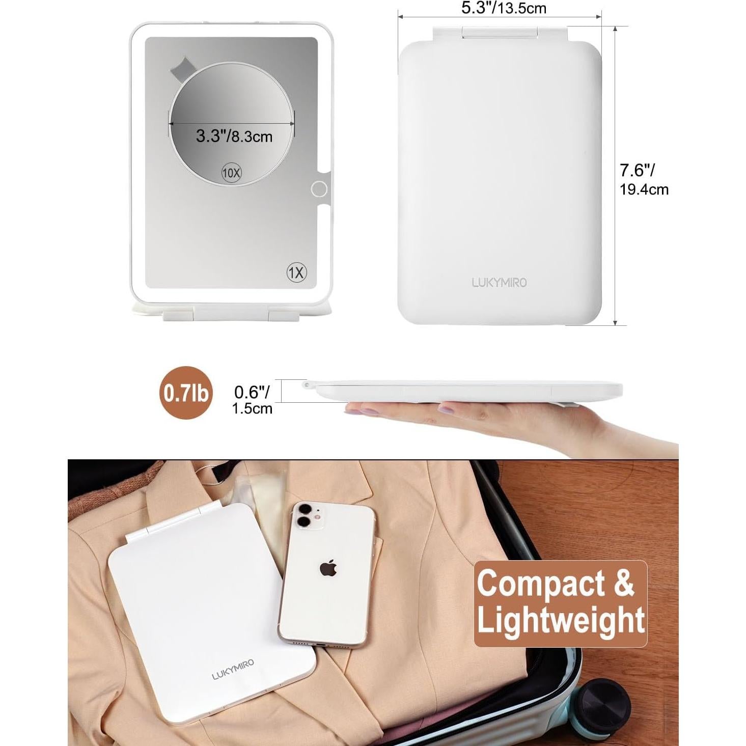 Espejo de Maquillaje LUKYMIRO Iluminado 10X Plegable Blanco