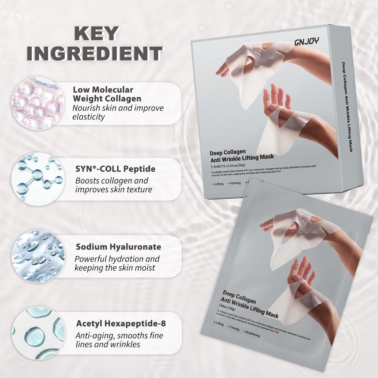 Mascarilla Facial de Colágeno GNJOY 5ea 38g Hidratante Antiarrugas