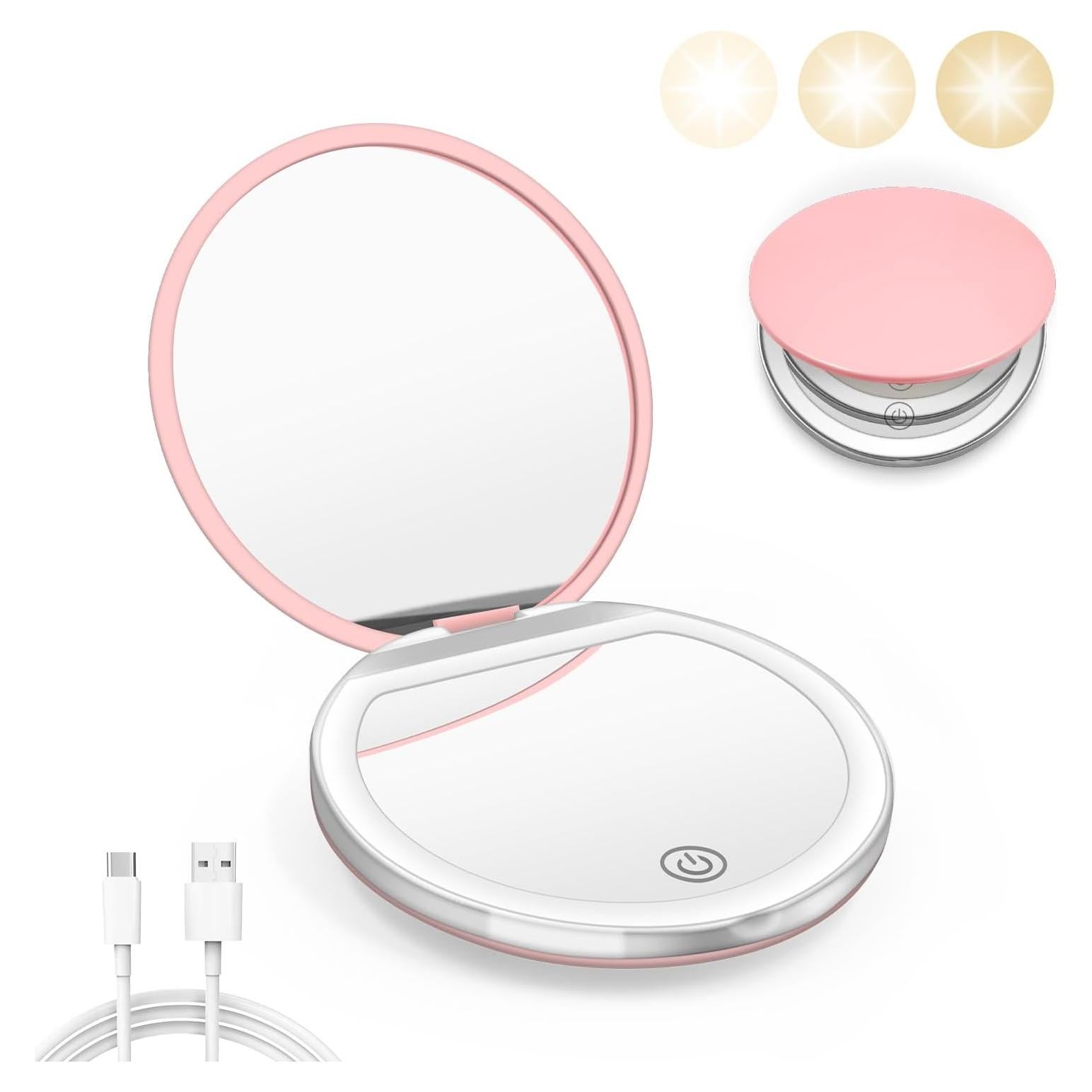 Espejo Compacto Kakuje con Luz LED 1X/3X Rosa para Maquillaje