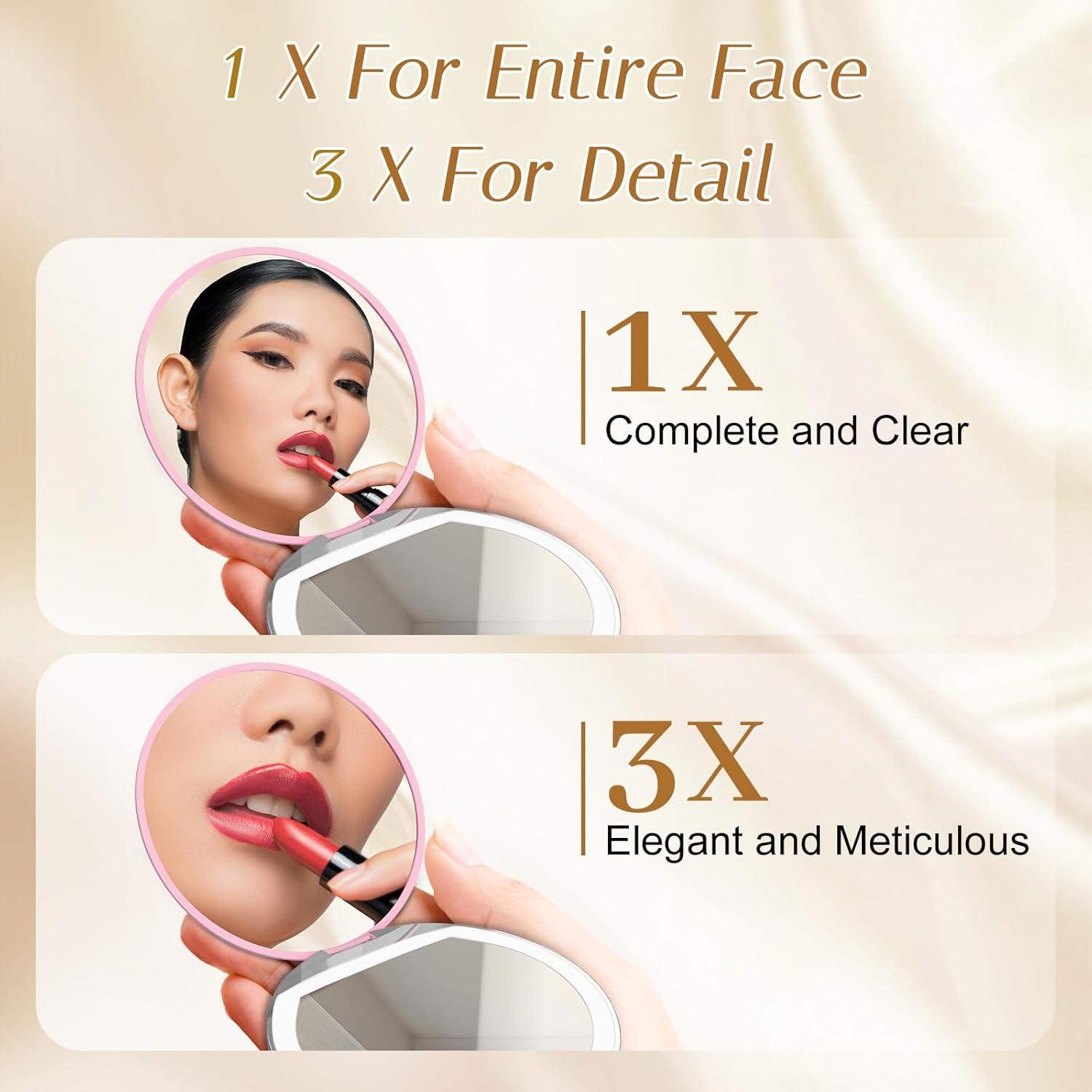 Espejo Compacto Kakuje con Luz LED 1X/3X Rosa para Maquillaje