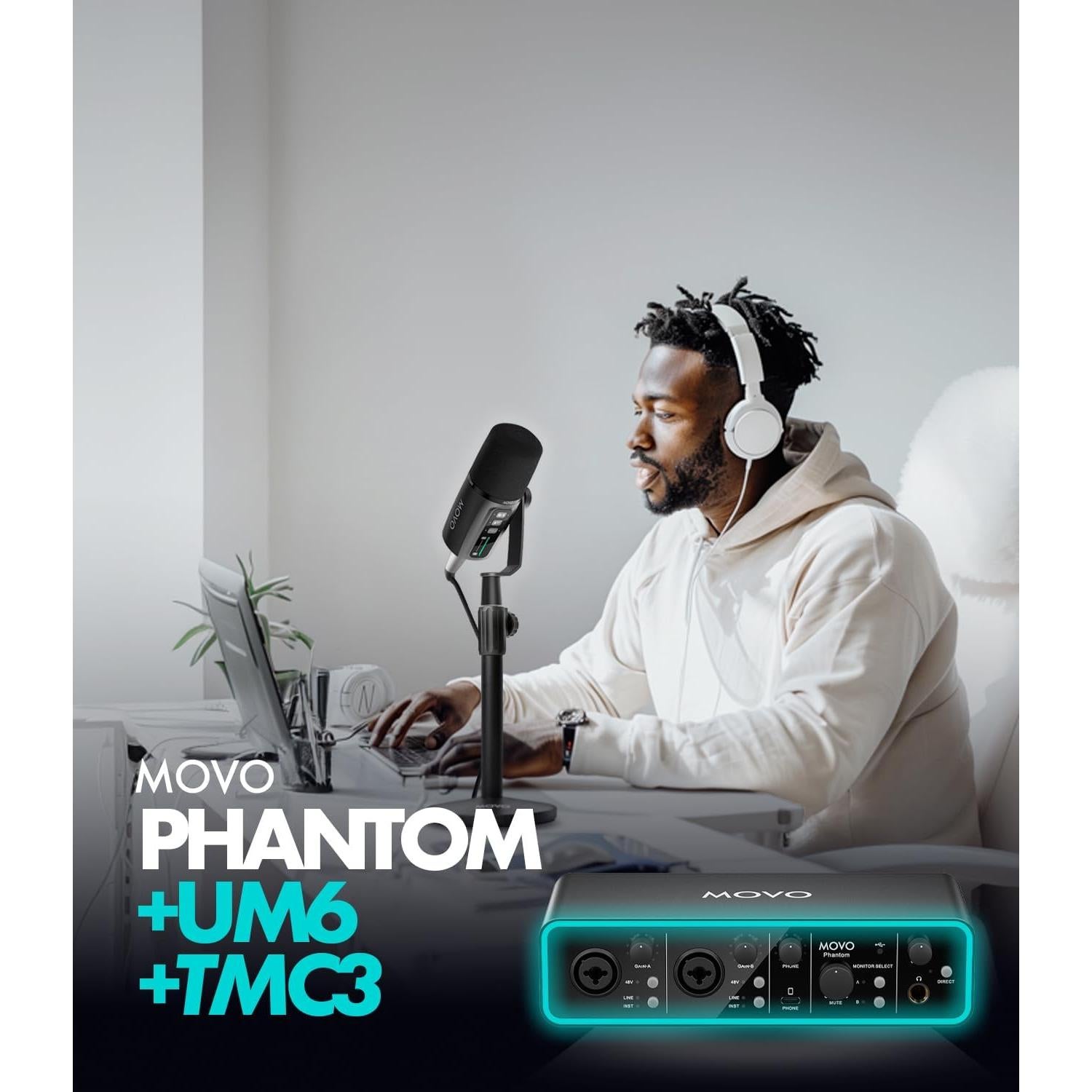Paquete de Podcast Movo - Interfaz USB Phantom + 2 Micrófonos UM6