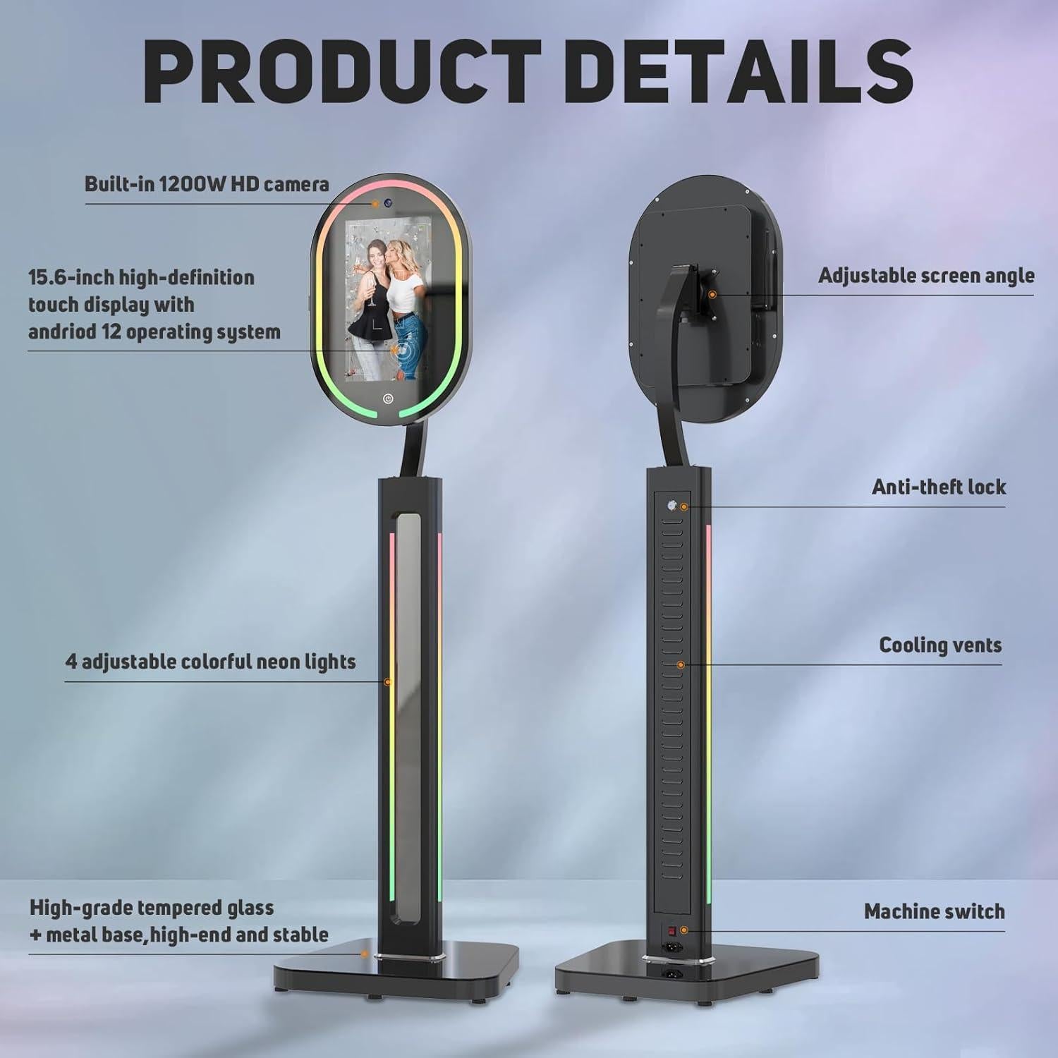 MWE Magic Mirror Photo Booth Touch Screen with 1200W Pixel 4K HD Camera,RGB Surround Light Music Sync,Mirror Video Booth with Software APP Remote Control (16in)