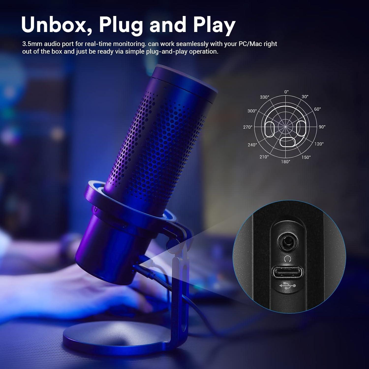 GODOX EM68G RGB USB Condenser Microphone, Professional USB Microphone Kit with Foldable Table Stand & Headphone Output, Volume Control, USB Type C with iOS, PC and Mac for Recording, Gaming, YouTube