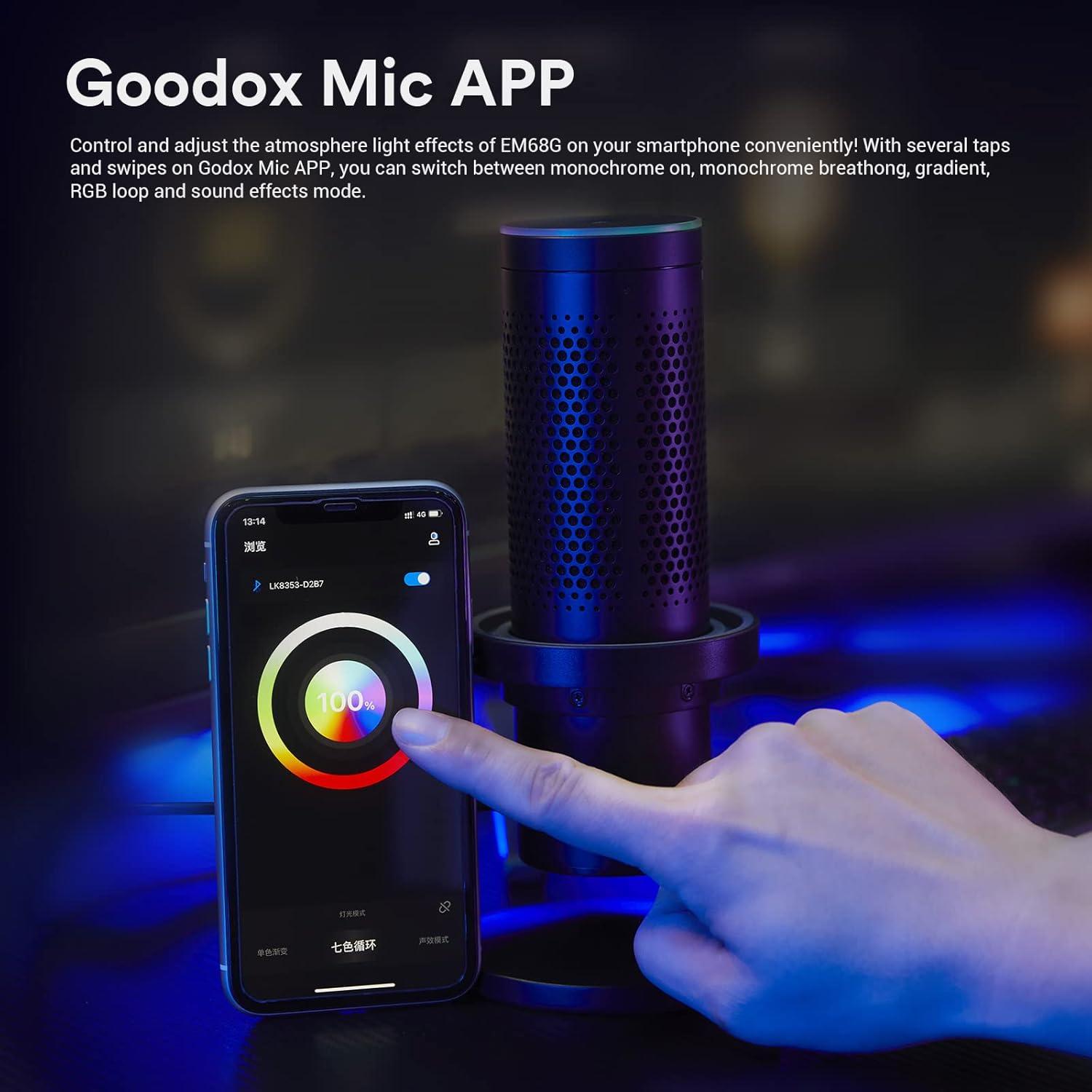 GODOX EM68G RGB USB Condenser Microphone, Professional USB Microphone Kit with Foldable Table Stand & Headphone Output, Volume Control, USB Type C with iOS, PC and Mac for Recording, Gaming, YouTube