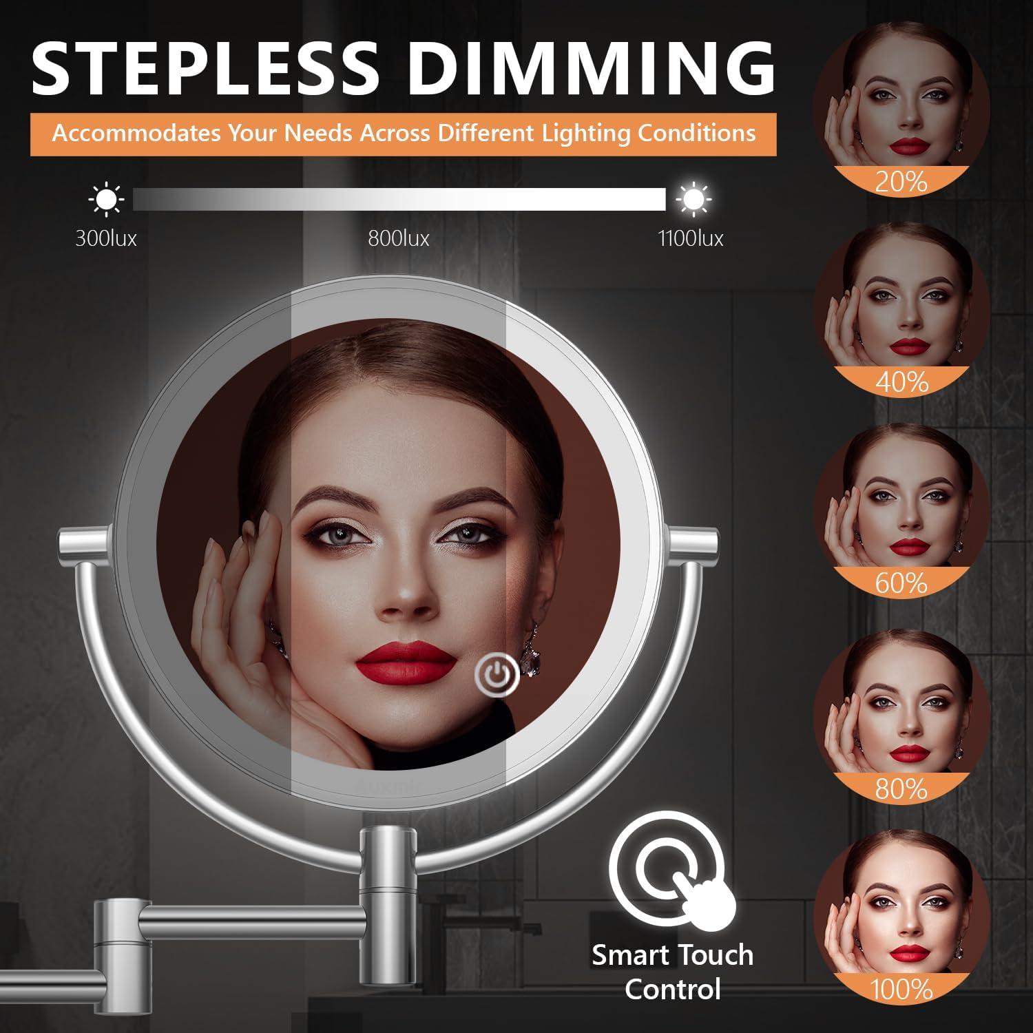 Espejo de Maquillaje Auxmir 1X/10X Iluminado Pared 360°