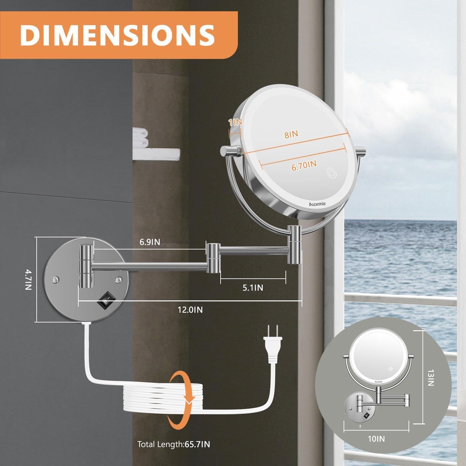 Espejo de Maquillaje Auxmir 1X/10X Iluminado Pared 360°