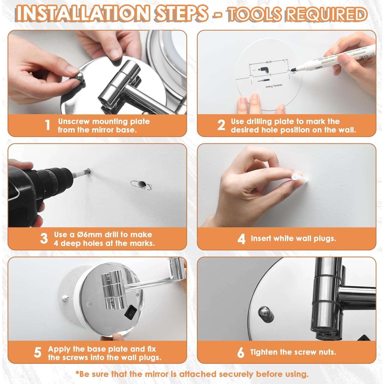 Espejo de Maquillaje Auxmir 1X/10X Iluminado Pared 360°