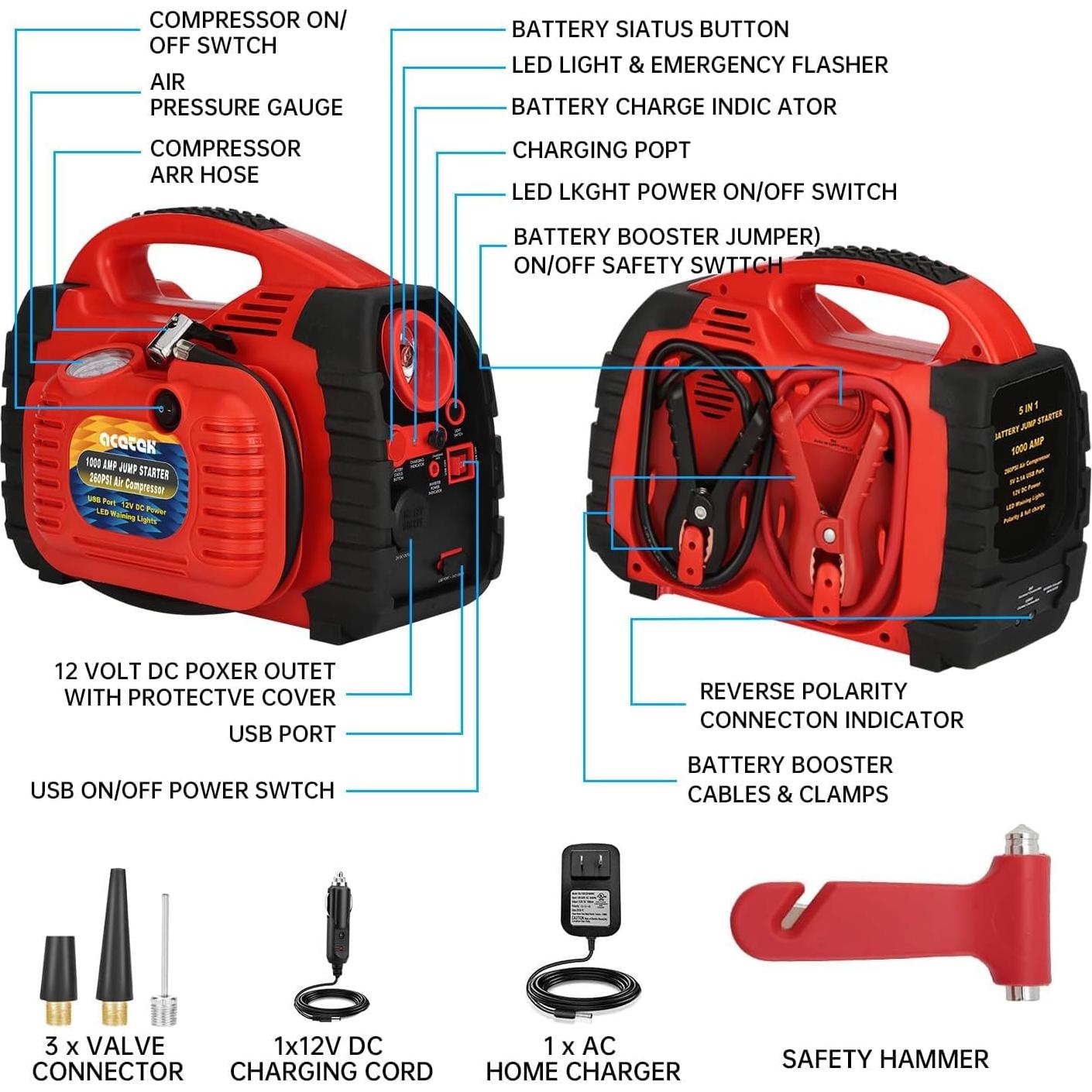 Arrancador de Batería Acetek HH-625C 1000A con Compresor