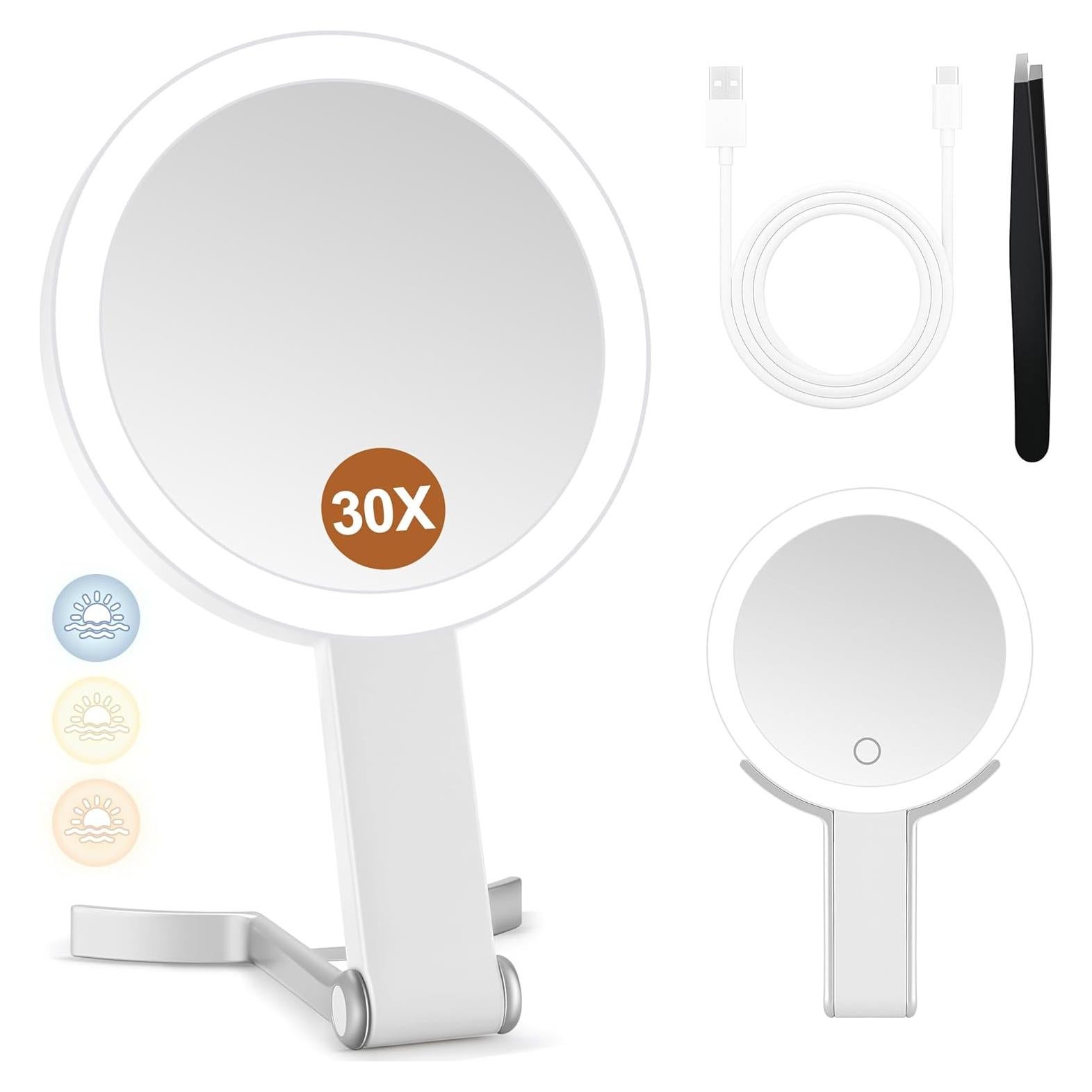 Espejo de Aumento MIYADIVA 30X/1X con Luz Táctil Plegable Blanco