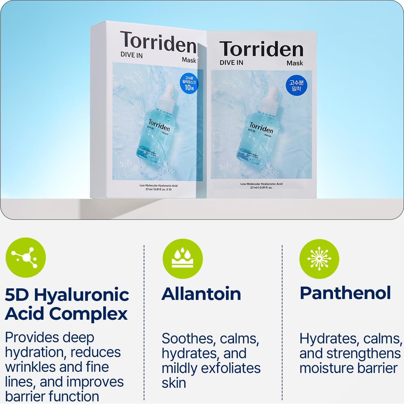 Mascarilla Facial Torriden DIVE IN Ácido Hialurónico 10 Hojas