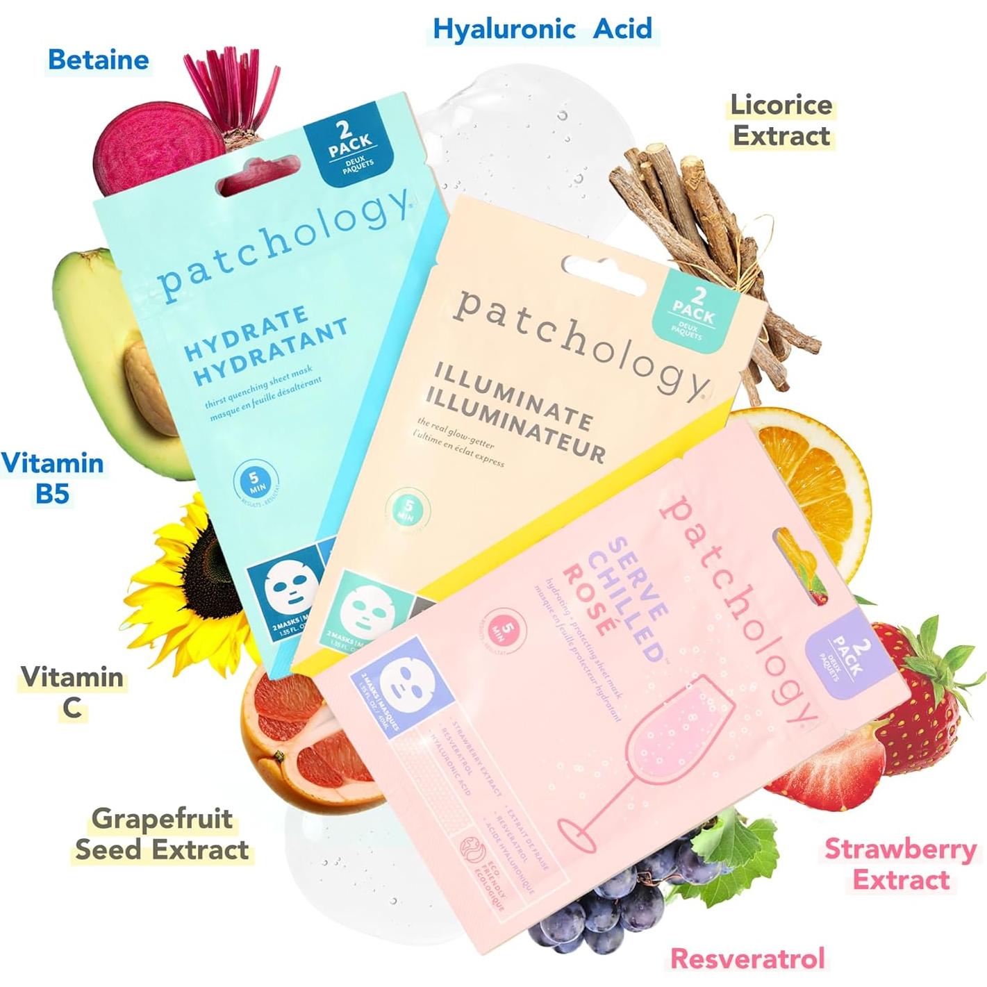 Paquete de 6 Mascarillas Faciales Patchology - Iluminadora, Hidratante y Renovadora