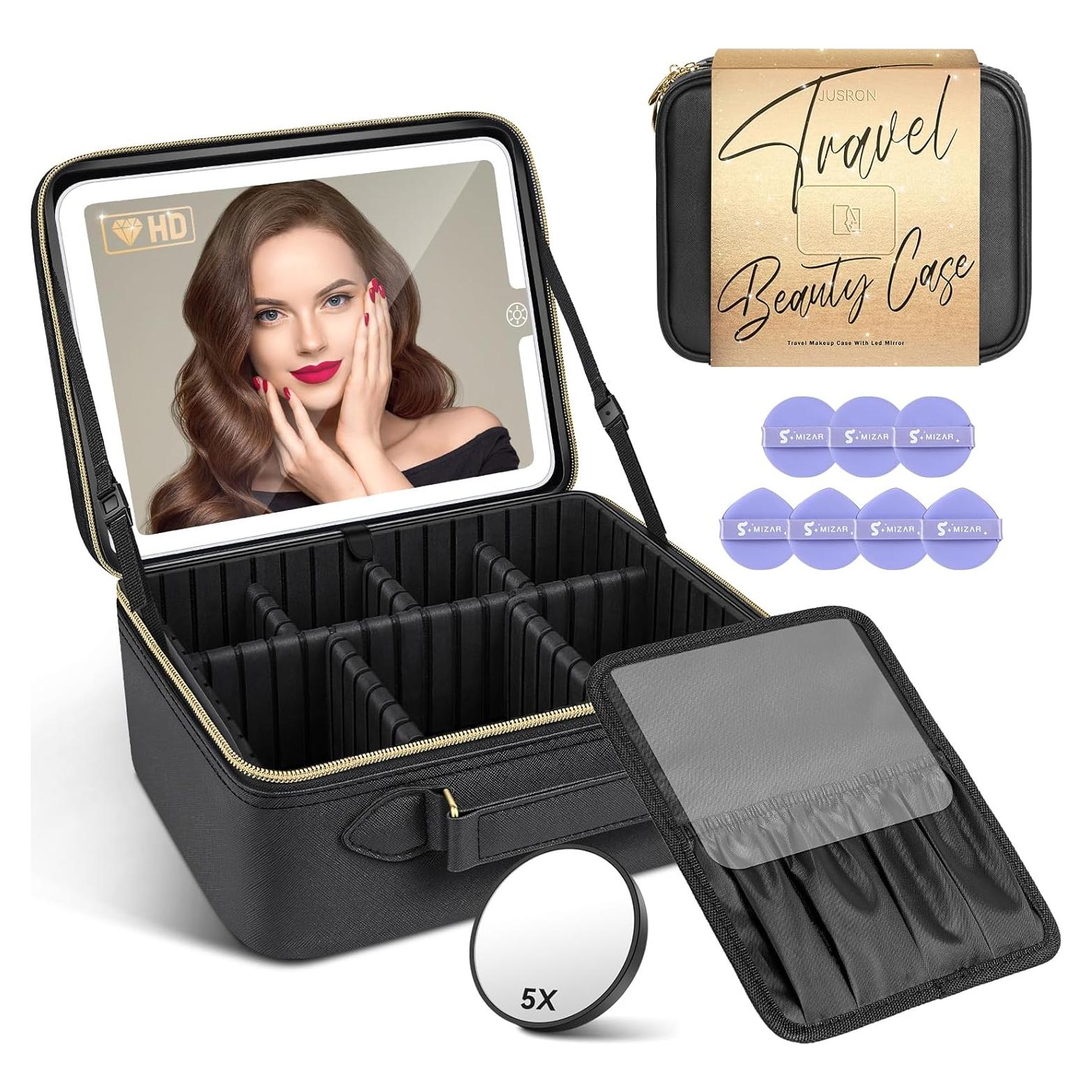 Bolsa de Maquillaje JUSRON Grande con Espejo LED Negro