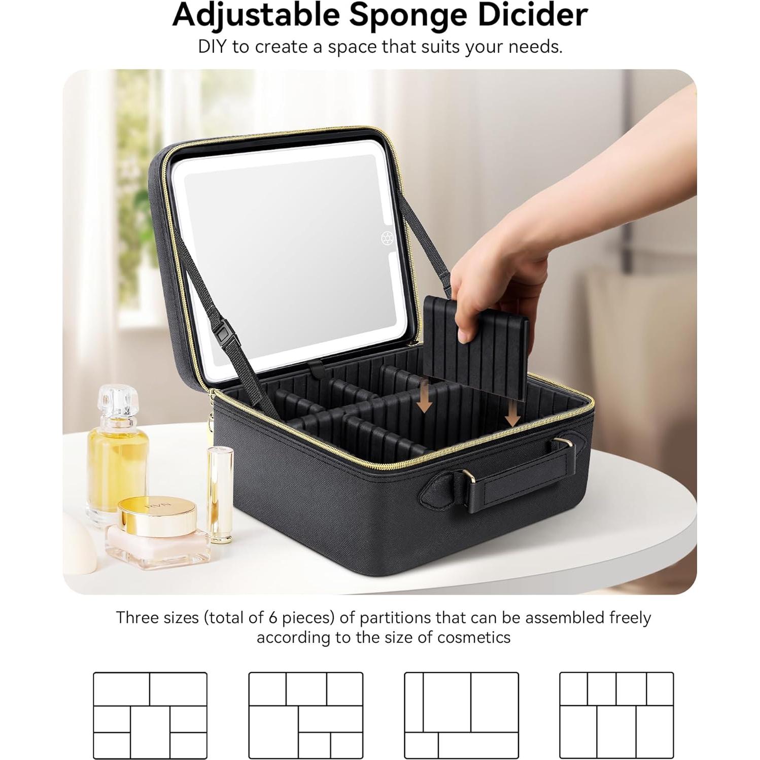 Bolsa de Maquillaje JUSRON Grande con Espejo LED Negro