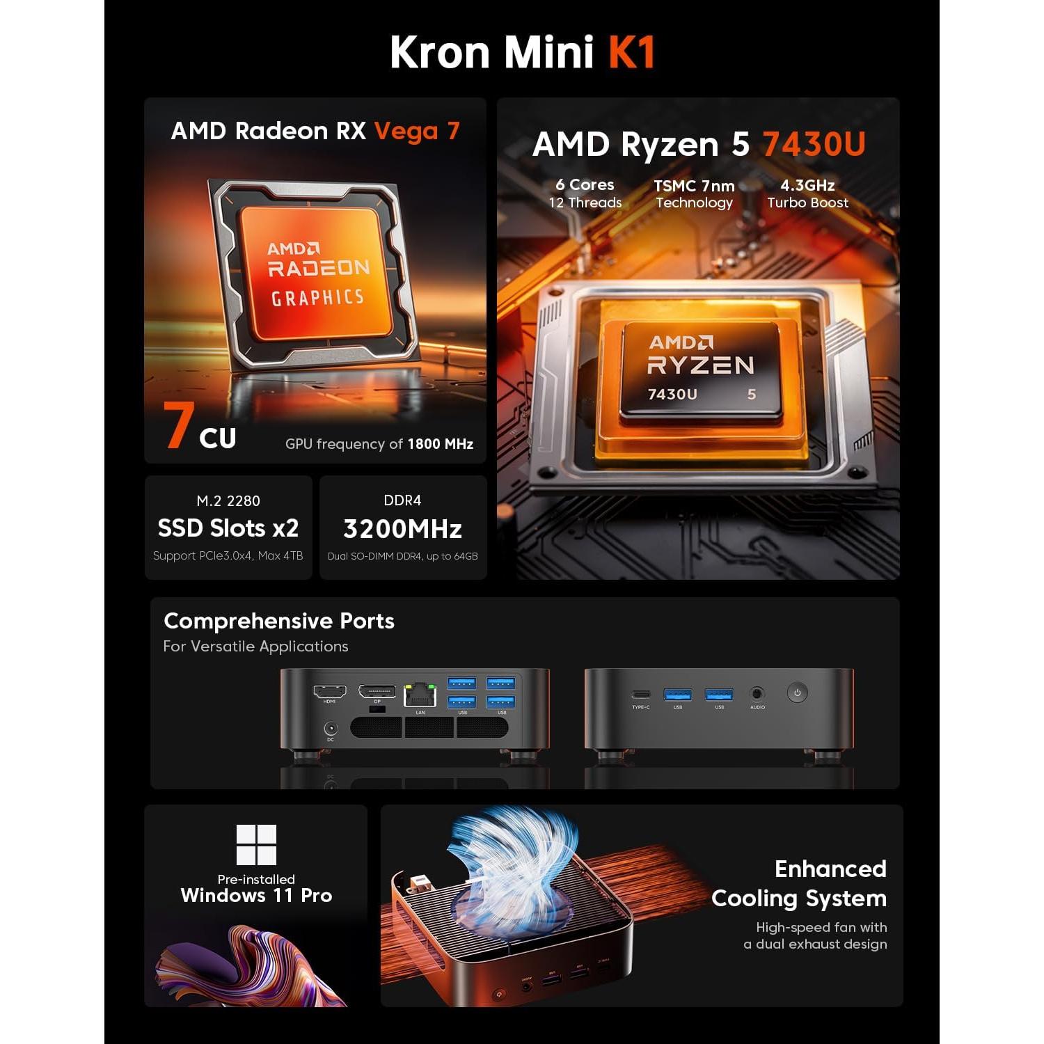 Mini PC Gaming ACEMAGICIAN Ryzen 5 7430U 16GB 512GB 4K