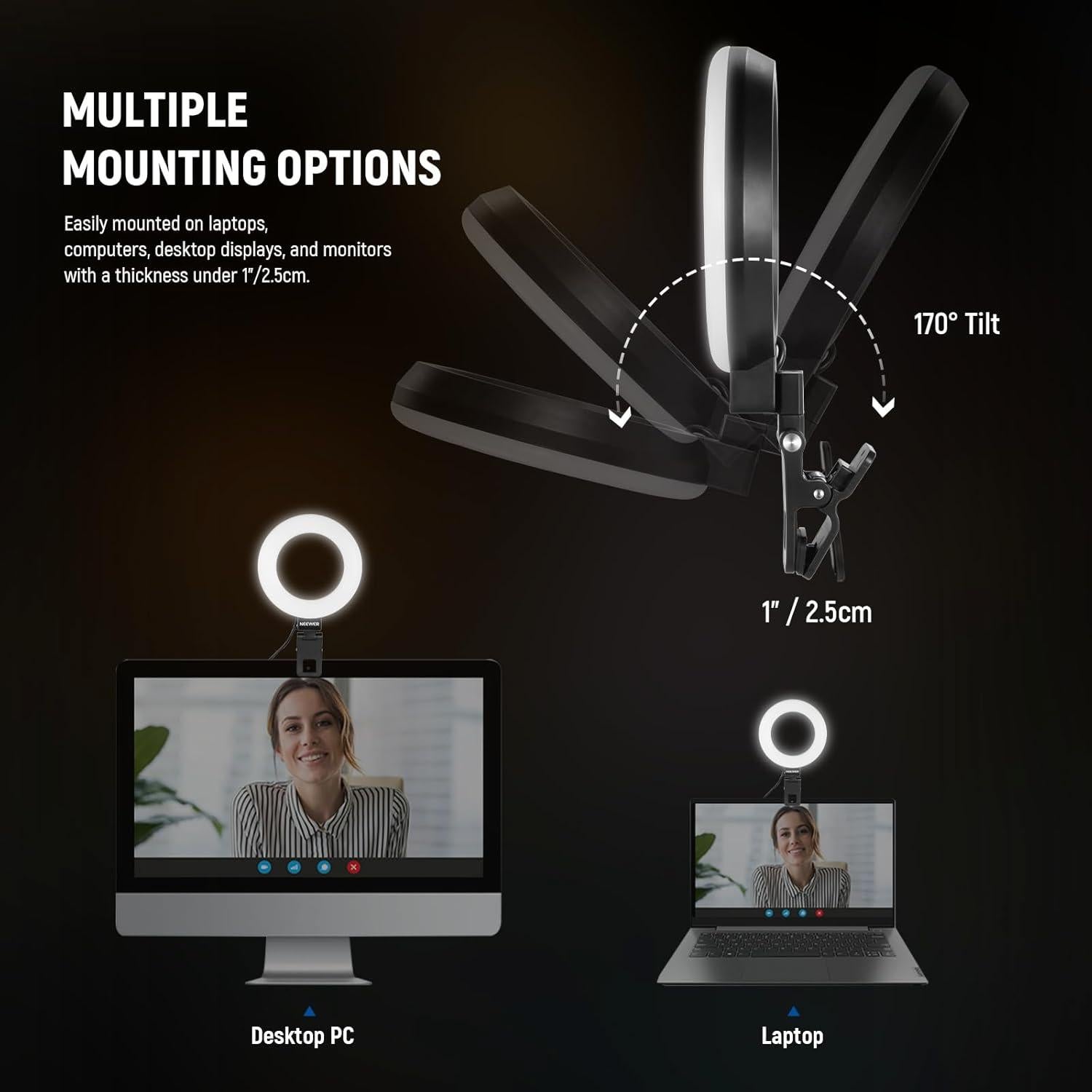 NEEWER Basic 5" Ring Light for Video Conference Lighting, Clip on Light Kit with Desk Tripod for Monitor Laptop Computer Zoom Call Live Streaming, Magnetic Phone Cooler Included
