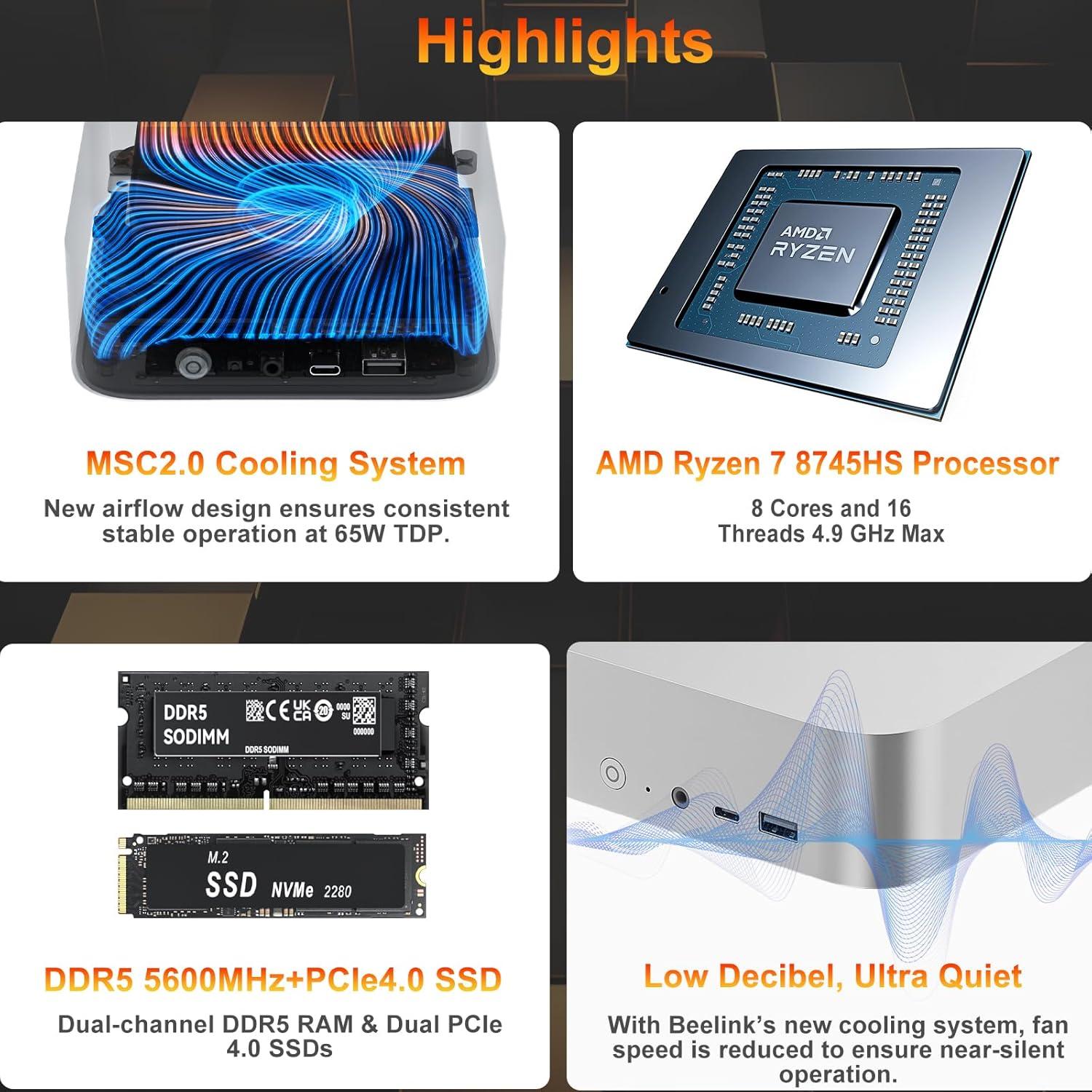 Mini PC Beelink SER8 Ryzen 7 32GB RAM 1TB SSD 4K