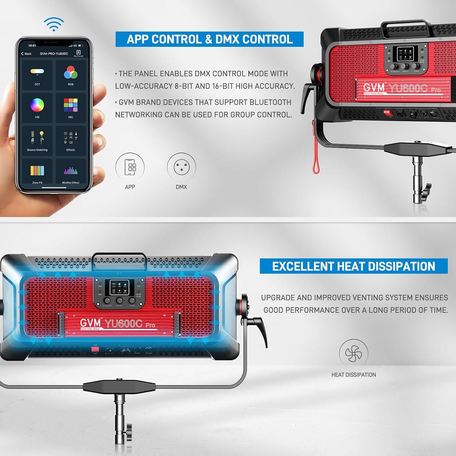 Panel de Luz LED GVM YU600C RGB 600W 49000lux 2000-10000K