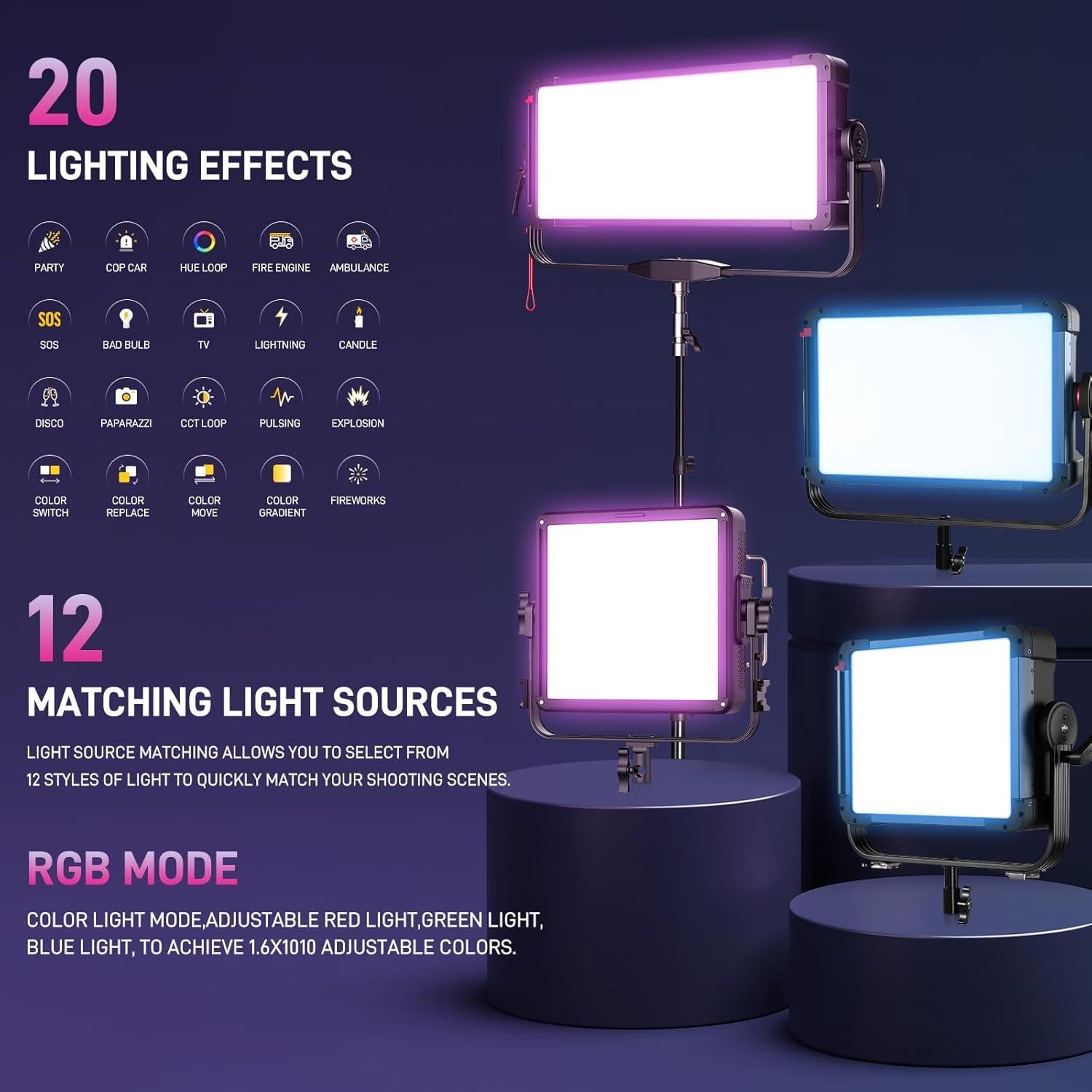 Panel de Luz LED GVM YU600C RGB 600W 49000lux 2000-10000K