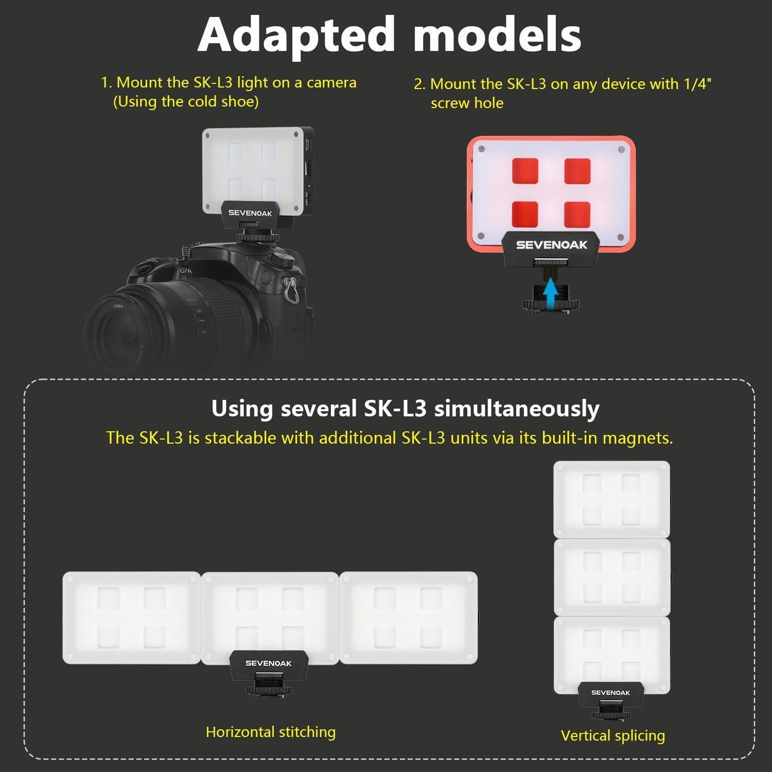 Sevenoak SK-L3 RGB Video Light, Built-in 1800mAh Rechargeable Battery for Professional DSLR Cameras, Photo Video, 9 Lamp LED Camera Light 4 Full Colors, CRI≥95 5500-6000K LED Video Light Panel (Black)