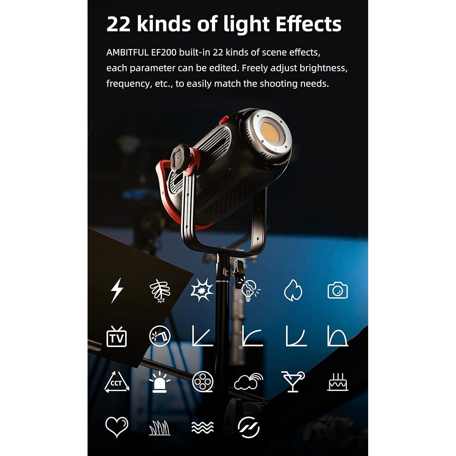 Luz LED Video AMBITFUL EF200 200W 5600K CRI 95+ Modo Silencioso