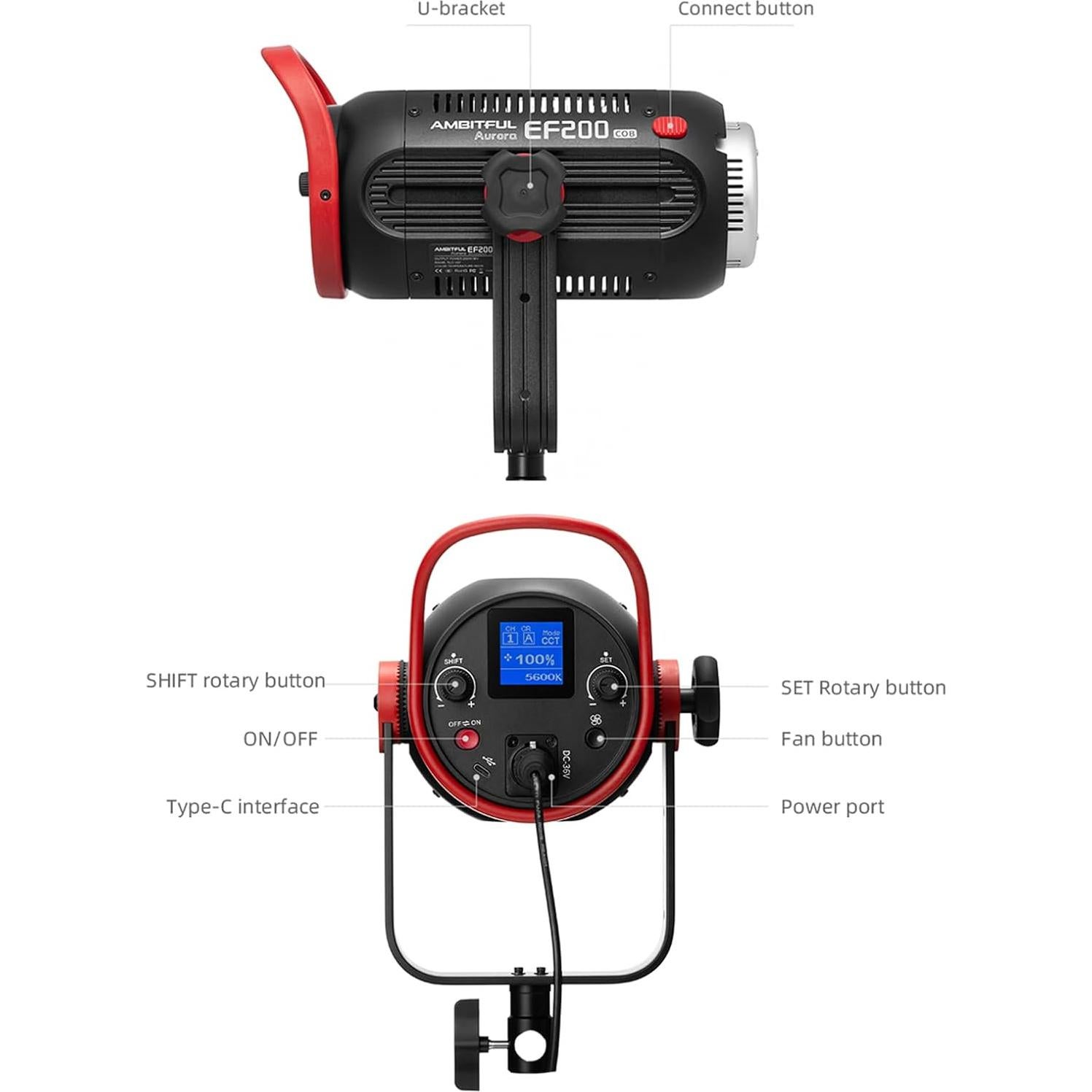 Luz LED Video AMBITFUL EF200 200W 5600K CRI 95+ Modo Silencioso