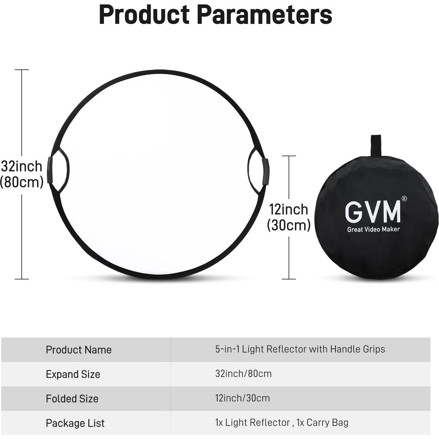 Reflector de Fotografía 5 en 1 GVM 80cm Plegable con Agarre