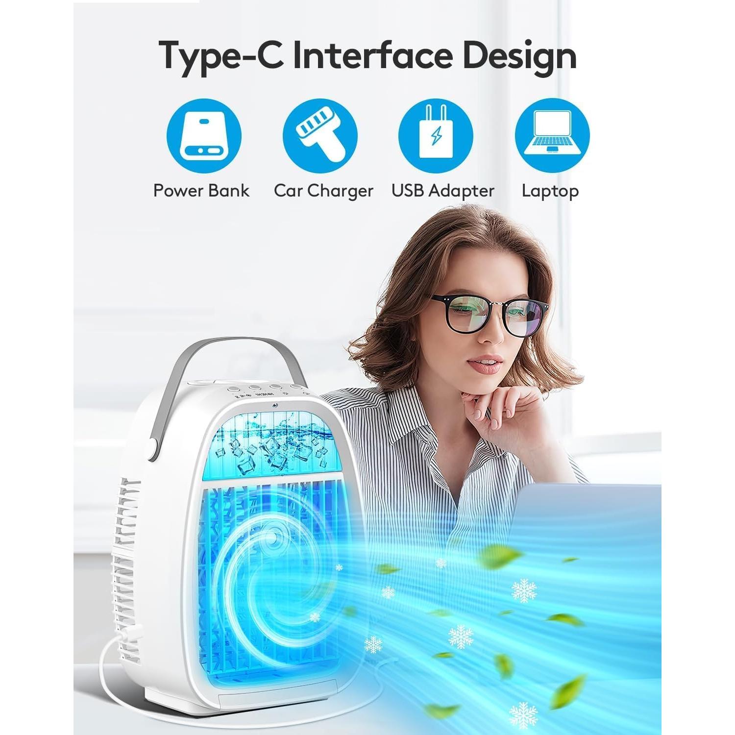 AI Portable Air Conditioners Fan,JYew Evaporative Mini Room Air Conditioners,Portable AC Unit Air Cooler with 4 in 1 Humidifier Fan Conditioner with 1400ML, 3 Speed AC Portable for Room Office Desk