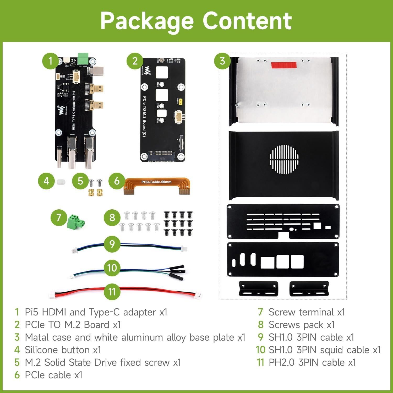 Carcasa M.2 NVMe PCIe Waveshare Pi5 con 2 HDMI 4K