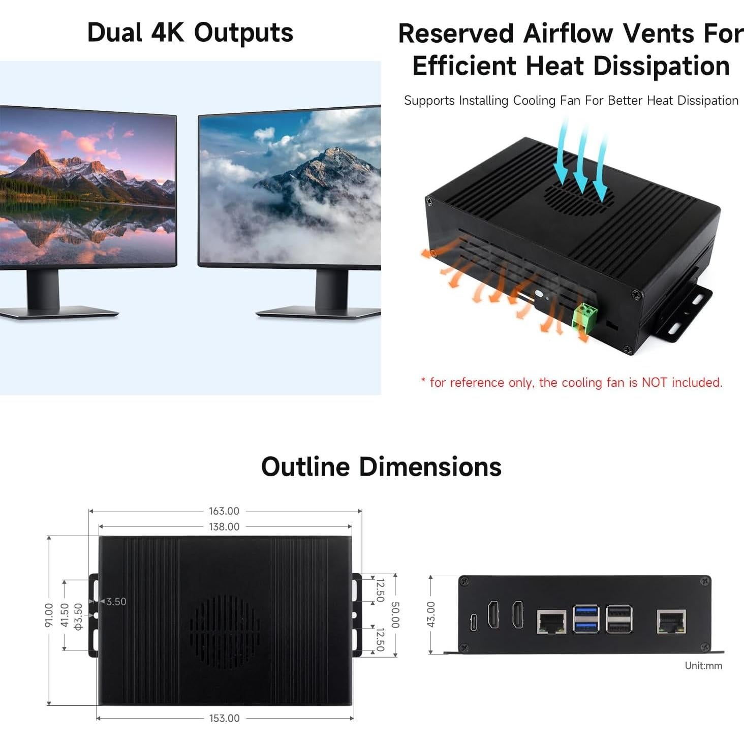 Carcasa M.2 NVMe PCIe Waveshare Pi5 con 2 HDMI 4K