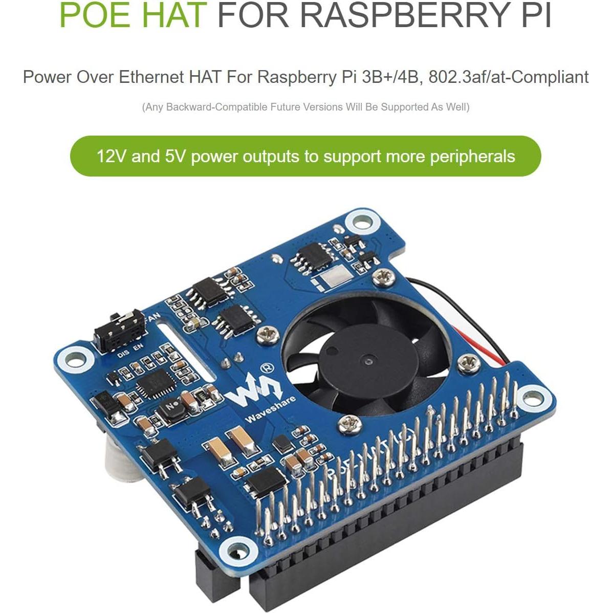 HAT PoE Waveshare para Raspberry Pi 3B+/4B, 5V y 12V