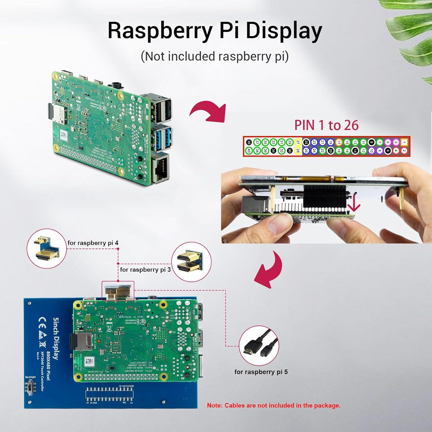 Monitor TFT LCD 5" ELECROW HD 800x480 Táctil Resistivo