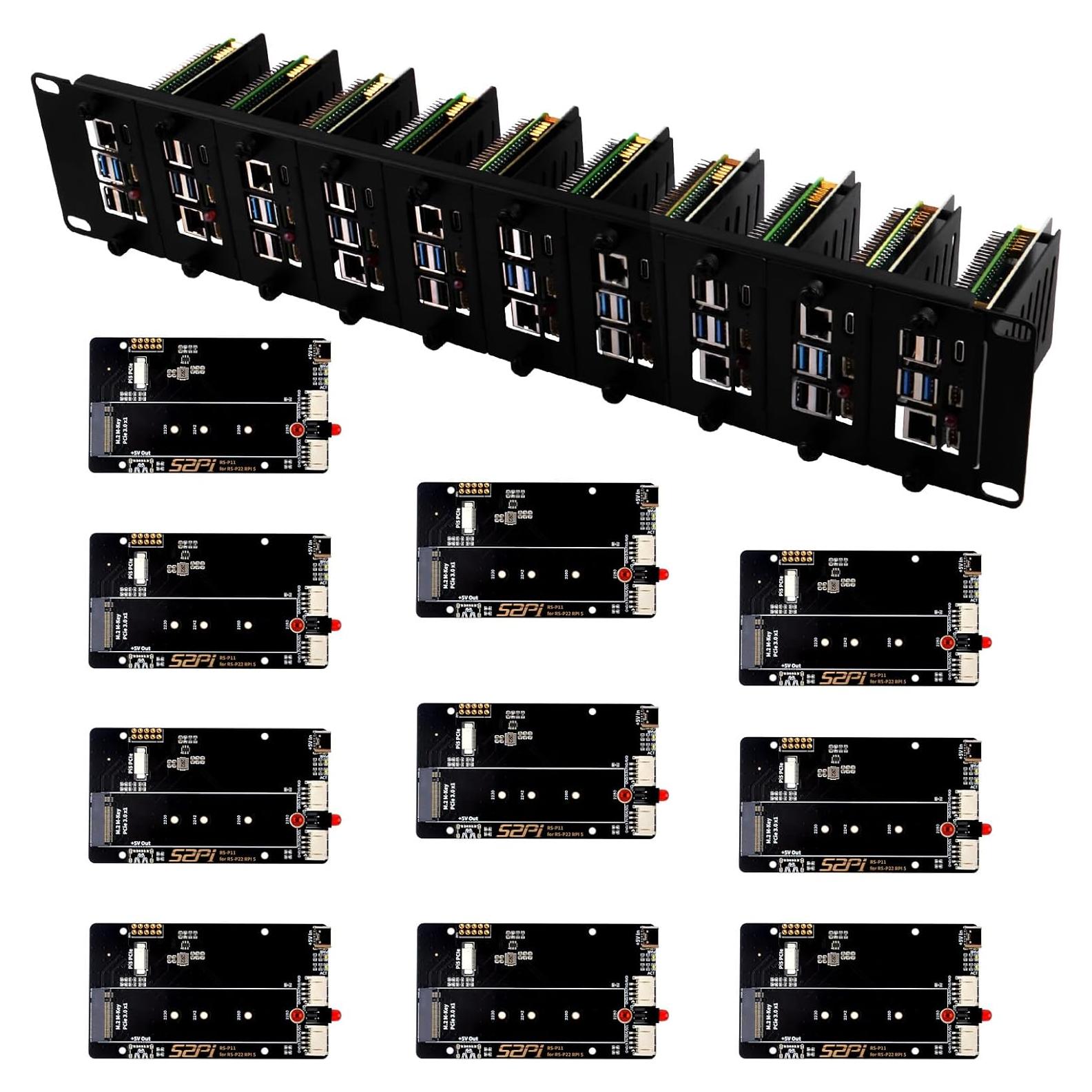 Soporte Rack 19" 2U GeeekPi para Raspberry Pi 5 con 10 Adaptadores SSD