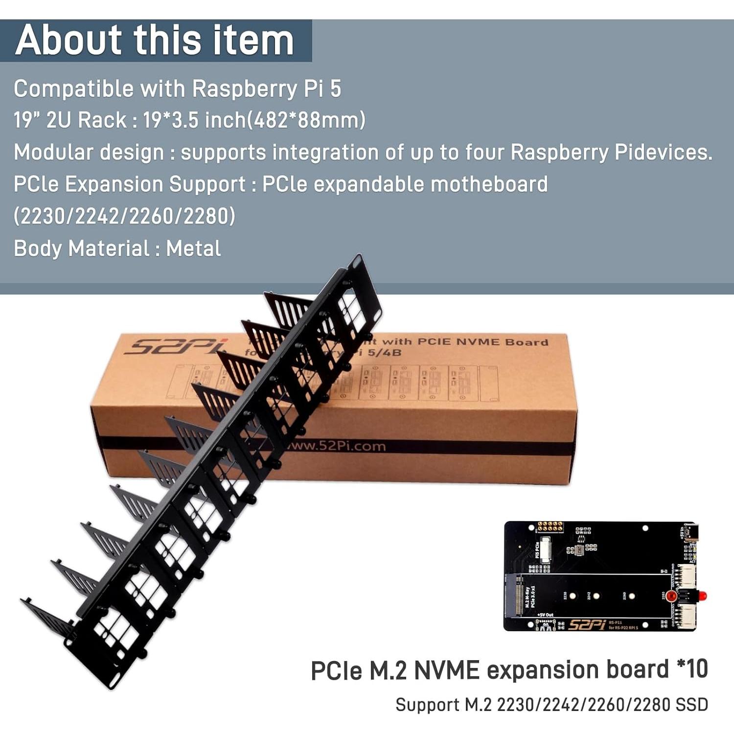 Soporte Rack 19" 2U GeeekPi para Raspberry Pi 5 con 10 Adaptadores SSD