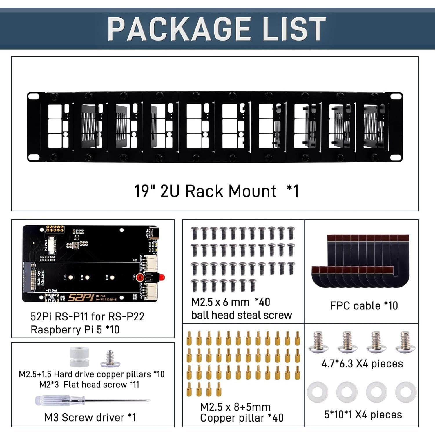 Soporte Rack 19" 2U GeeekPi para Raspberry Pi 5 con 10 Adaptadores SSD
