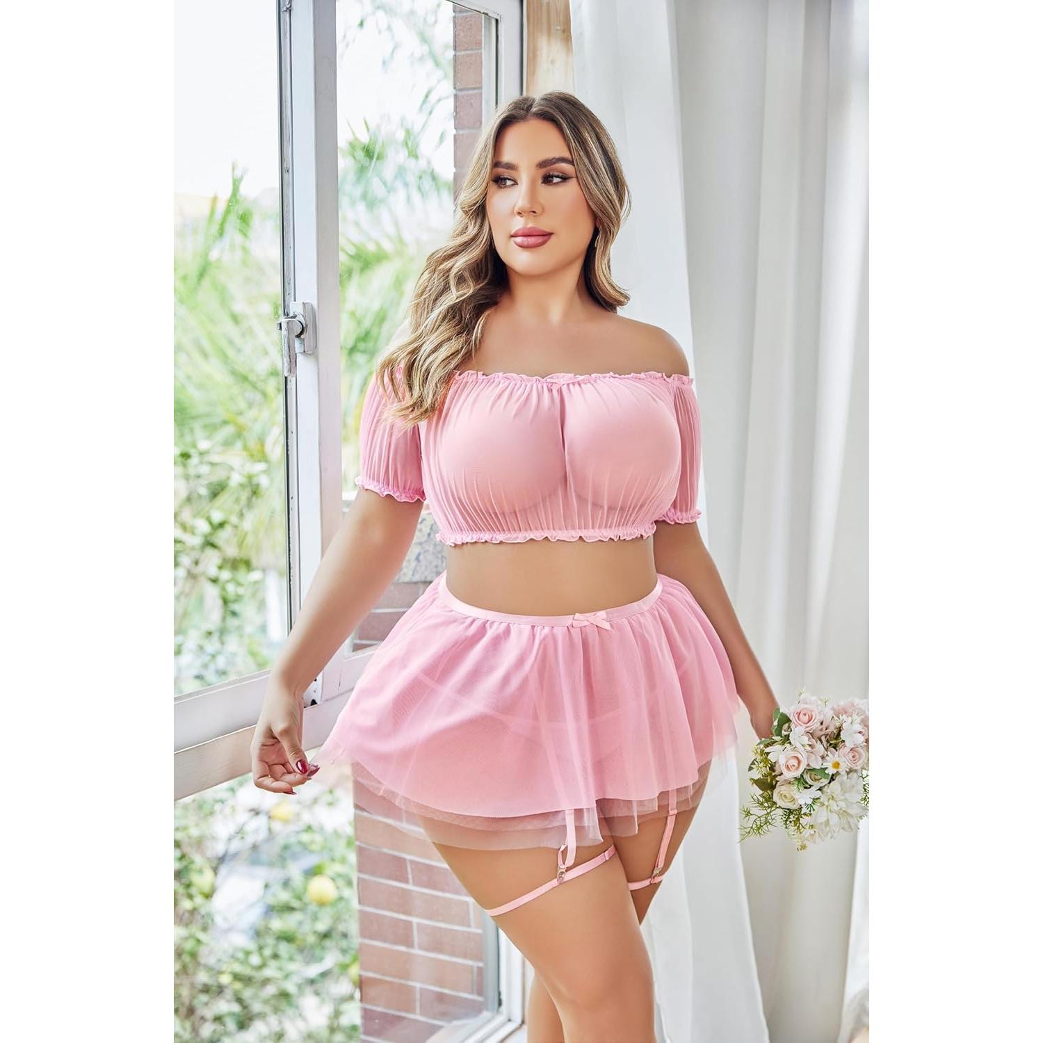 Avidlove Conjunto de Lencería Talla Grande Rosa 3 Piezas
