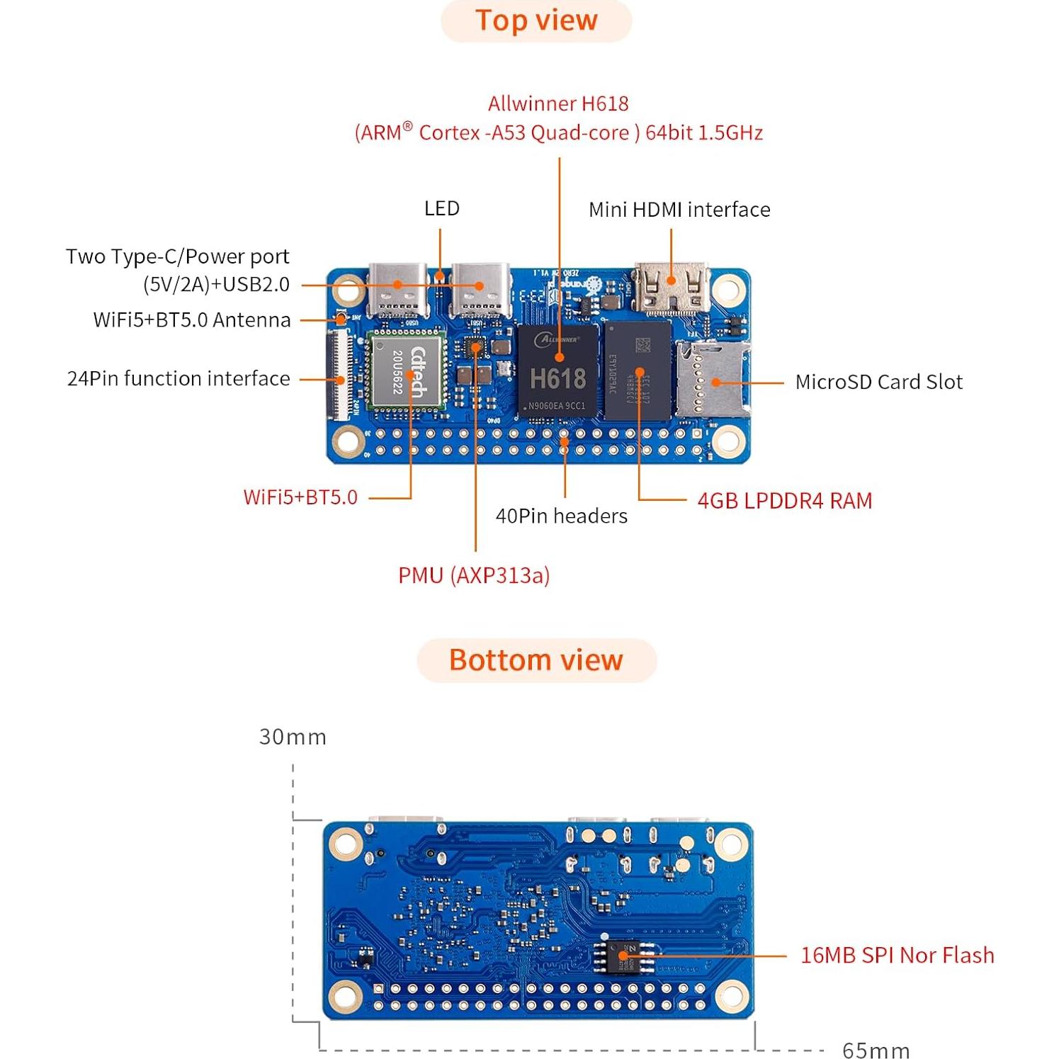 Orange Pi Zero 2W 2GB Quad Core 1.5GHz WiFi 5.0 Bluetooth 5.0