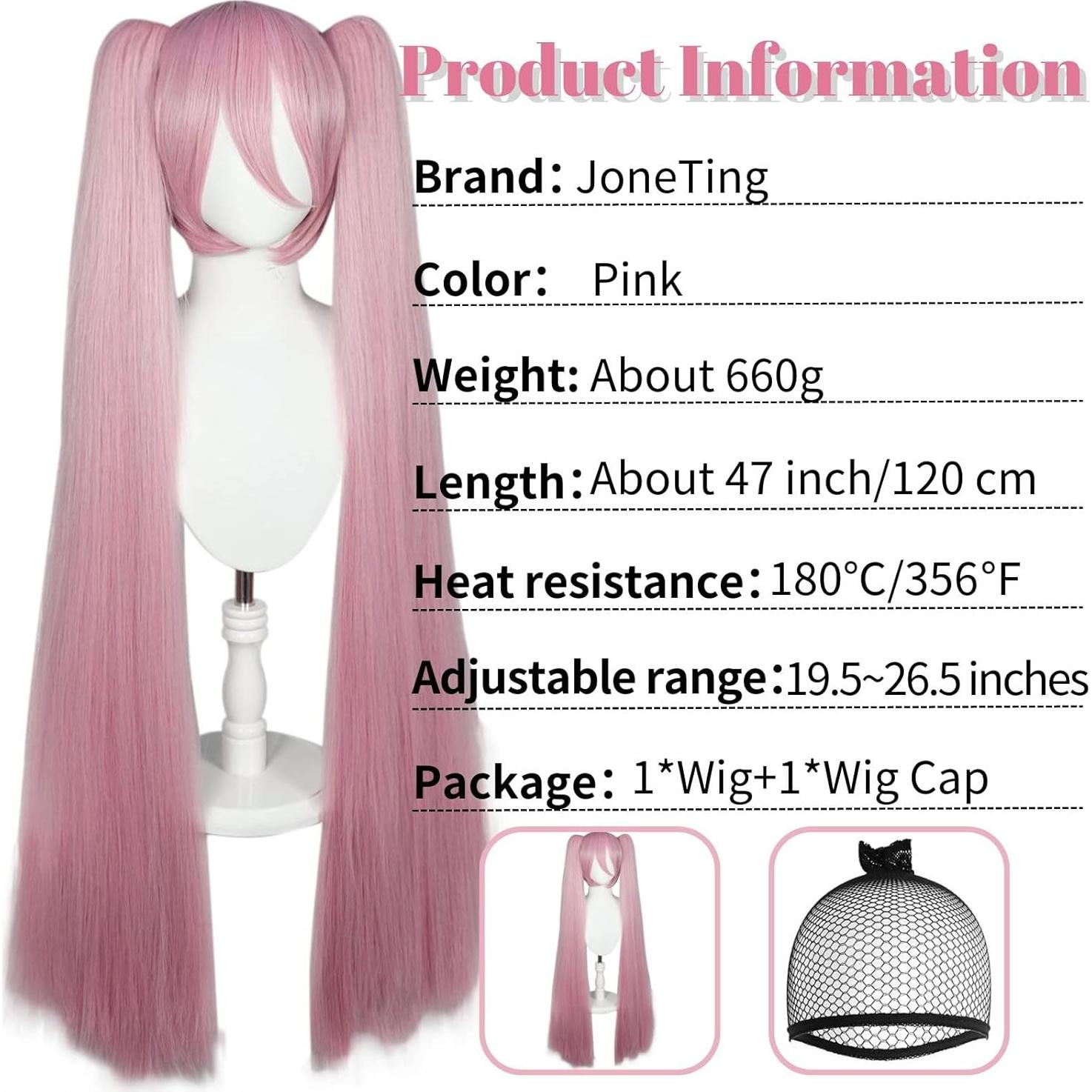 Peluca Rosa JoneTing 120 cm con Coletas y Gorro