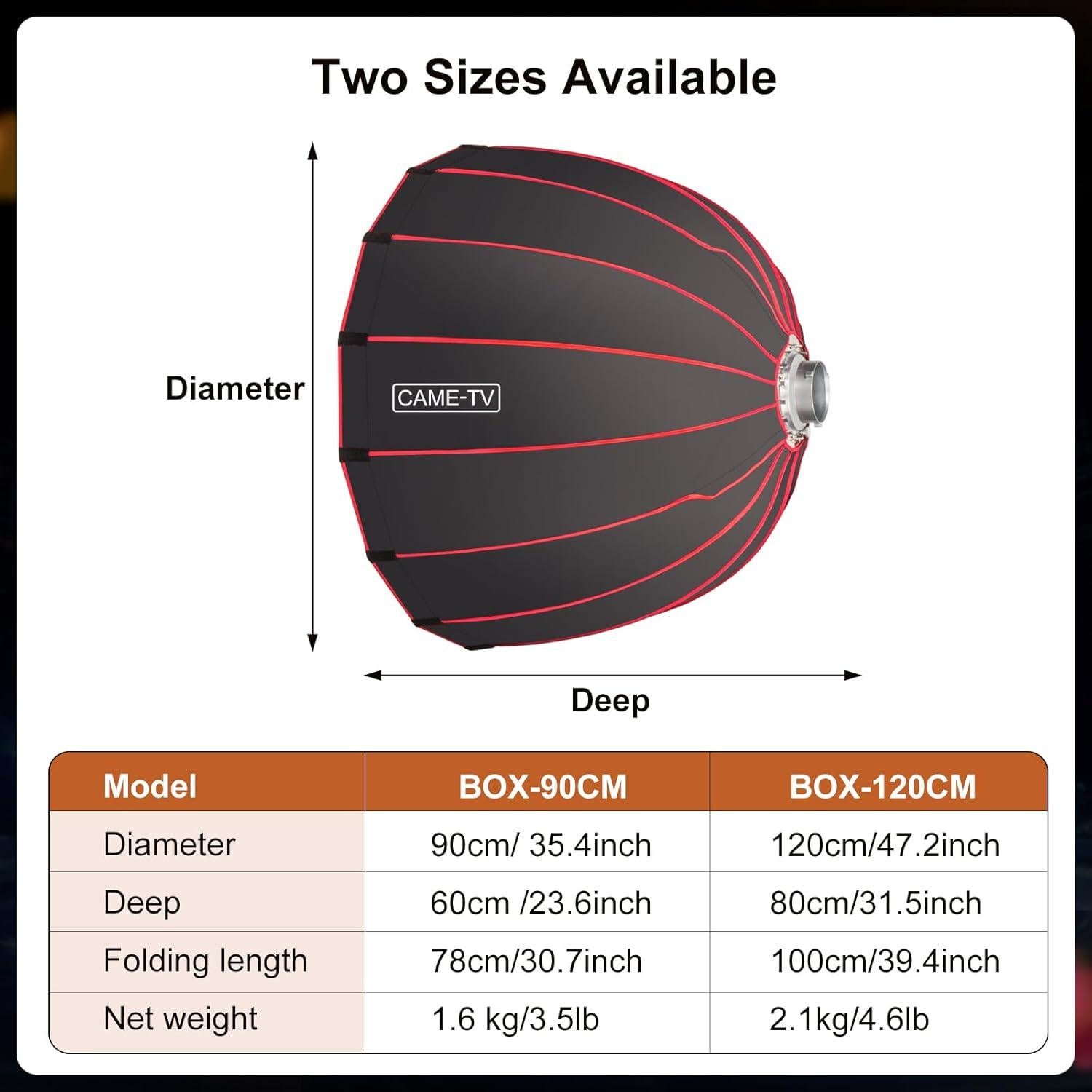Softbox Profundo CAME-TV 120cm con Rejilla y Anillo Bowens