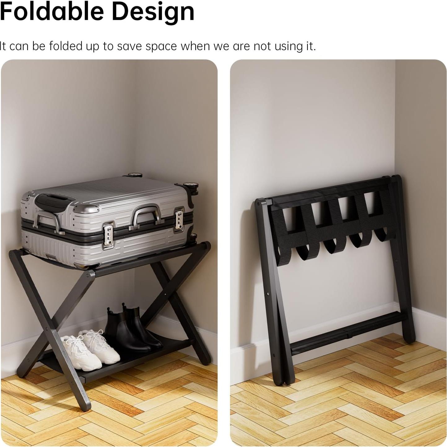 Soporte de Equipaje Plegable HITNET de Bambú Negro 67.4x46 cm