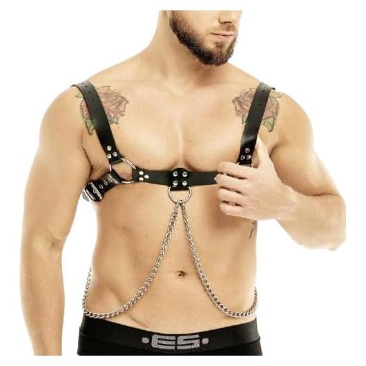 Arnés de pecho de cuero PU negro con cadenas ajustable